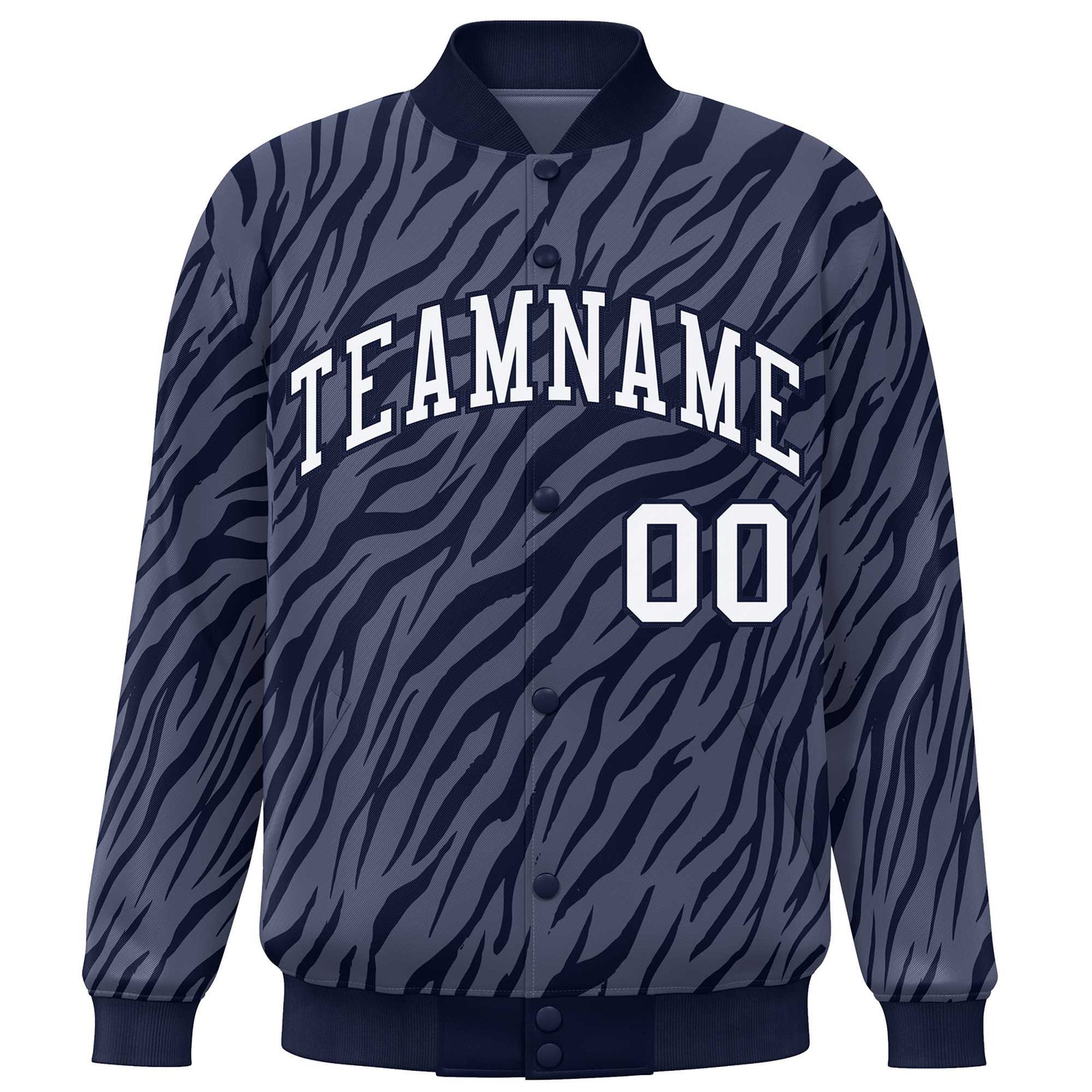 Custom Navy White Tiger Stripes Graffiti Pattern Bomber Varsity Jacket