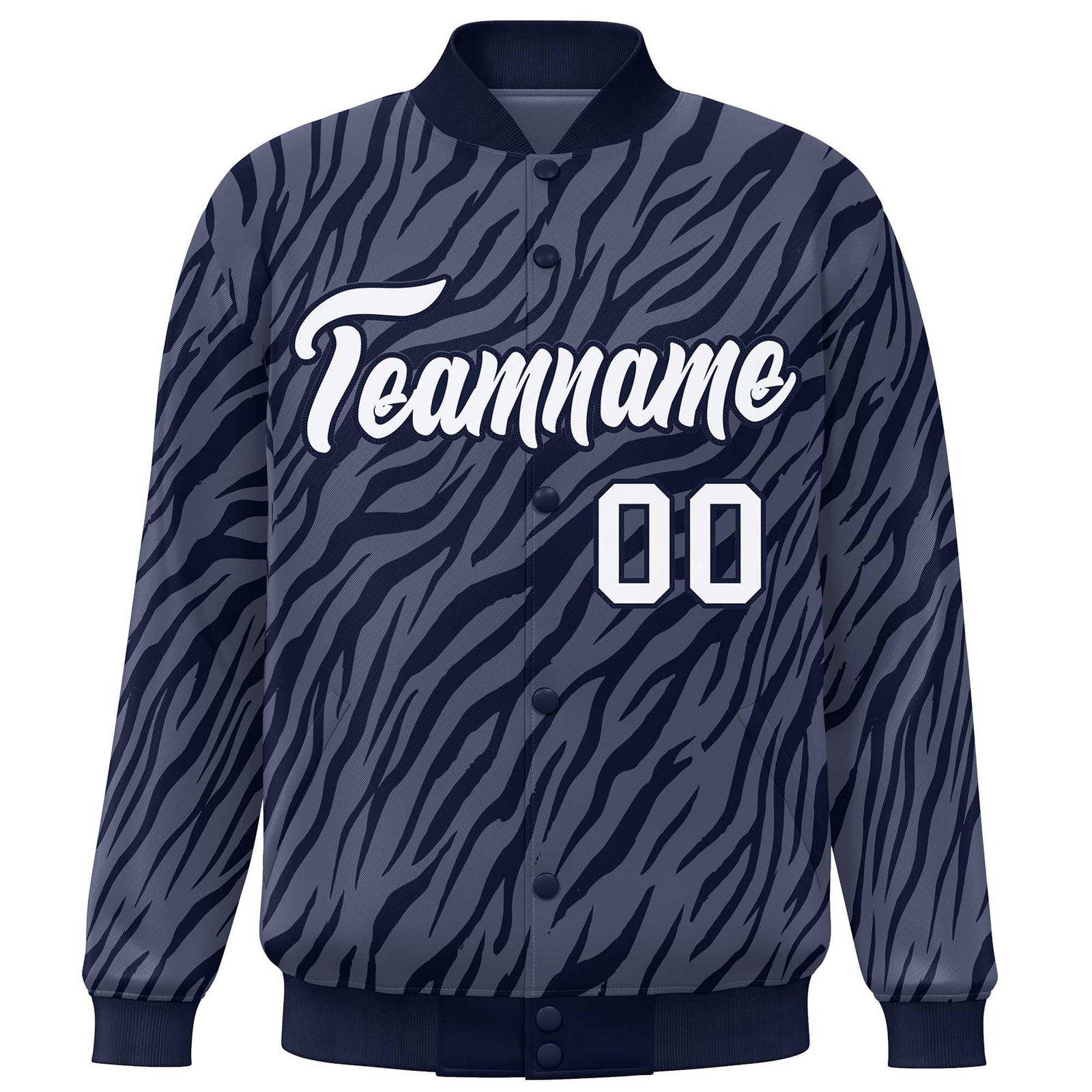 Custom Navy White Tiger Stripes Graffiti Pattern Bomber Varsity Jacket