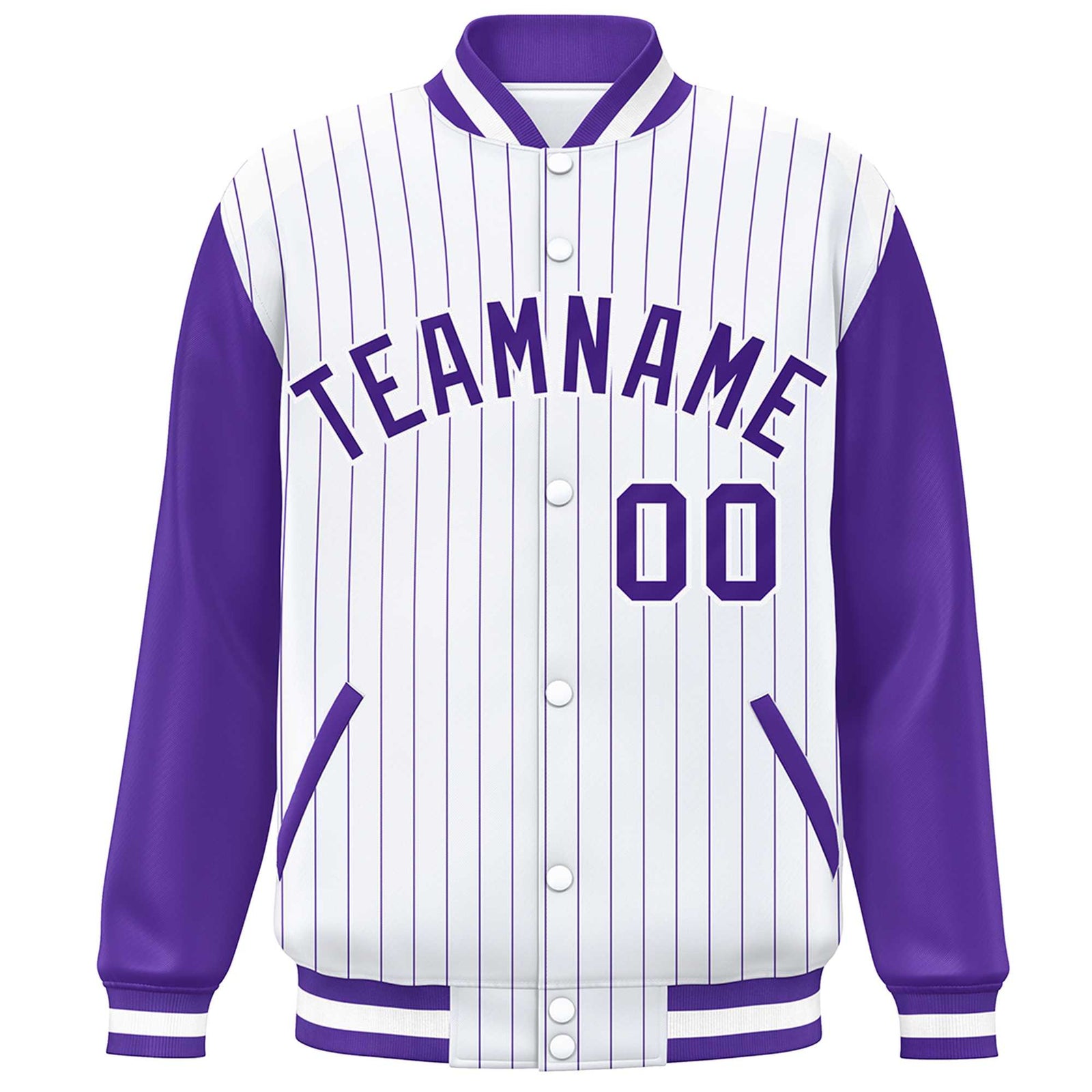 Custom White Purple Stripe Fashion Bomber Varsity Jacket with Raglan Sleeves