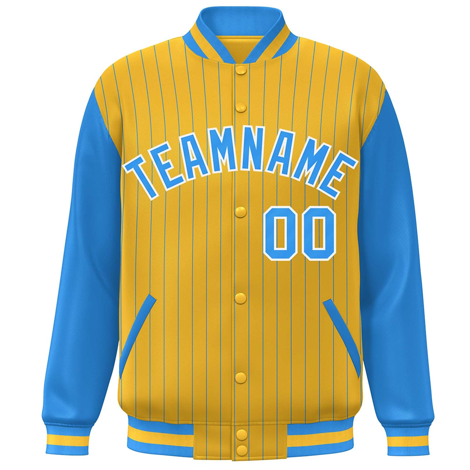 Custom Gold Powder Blue-White Stripe Fashion Bomber Varsity Jacket with Raglan Sleeves
