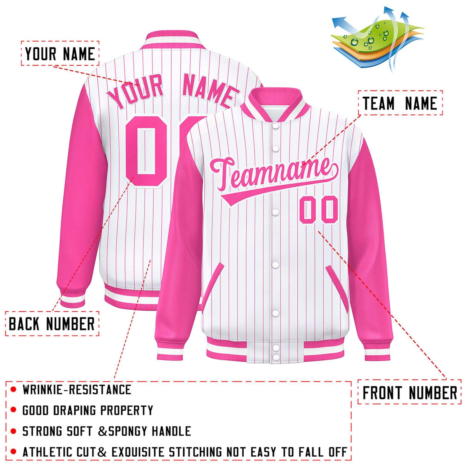 Custom White Pink Stripe Fashion Bomber Varsity Jacket with Raglan Sleeves