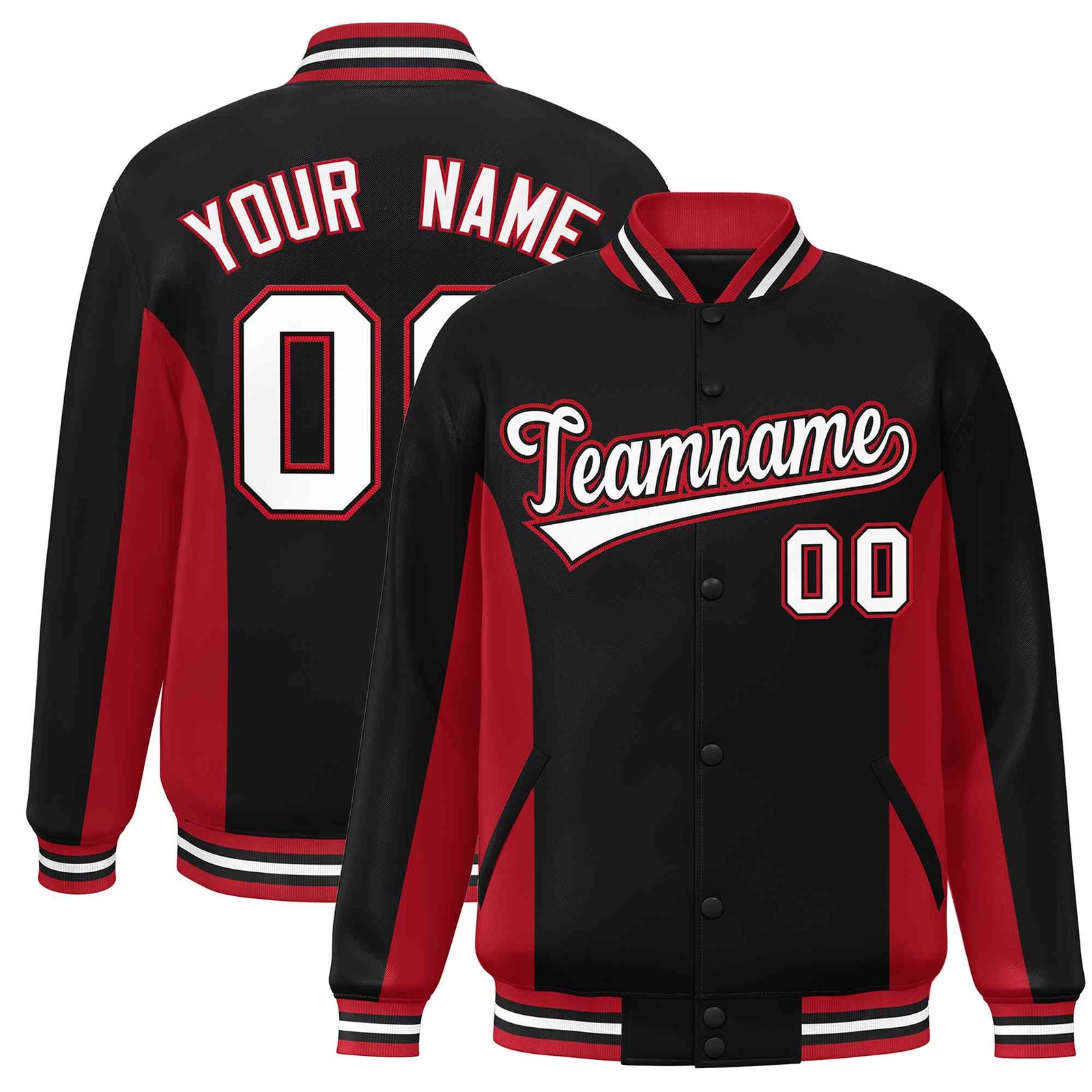 Custom Black Red-White Varsity Full-Snap Color Block Letterman Baseball Jacket