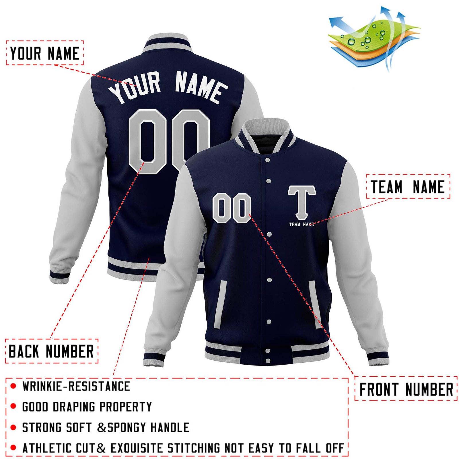 Custom Personalized Letterman Varsity Baseball Jacket Stitched Name Number