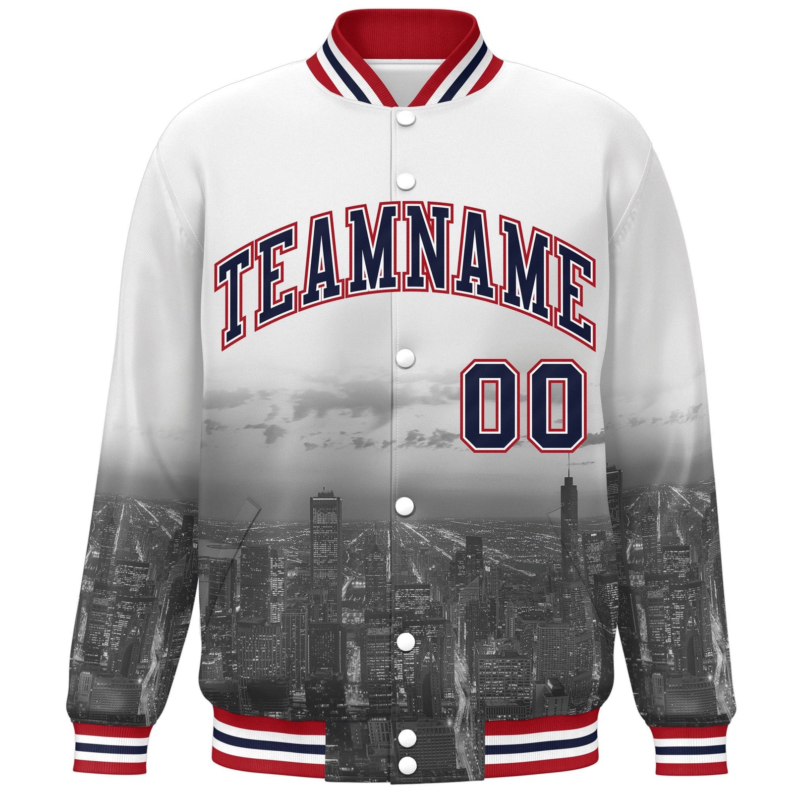 Custom White Navy-Red Chicago City Connect Track Varsity Full-Snap Jacket