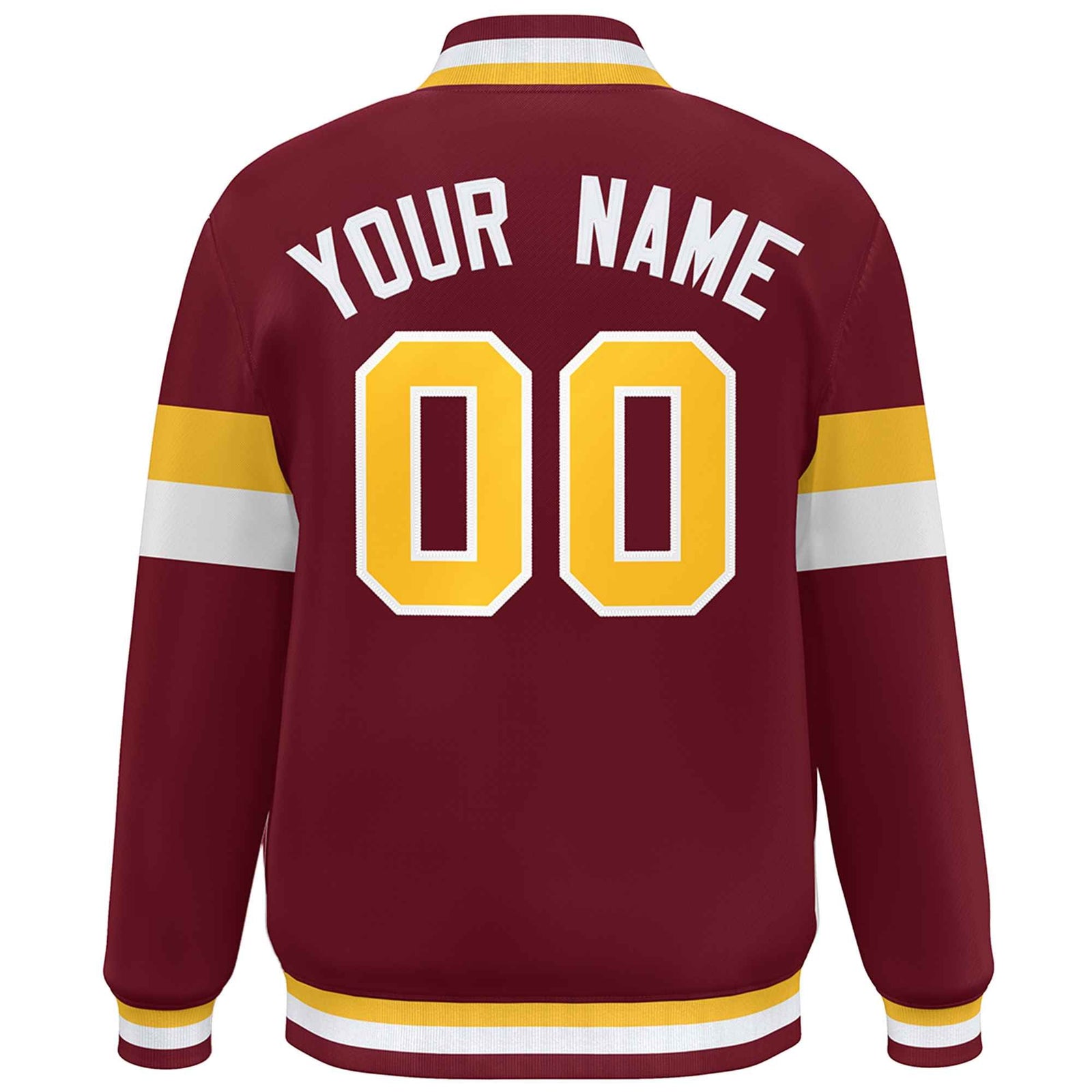 Custom Crimson Gold-White Color Block Bomber Varsity Full-Snap Baseball Jacket