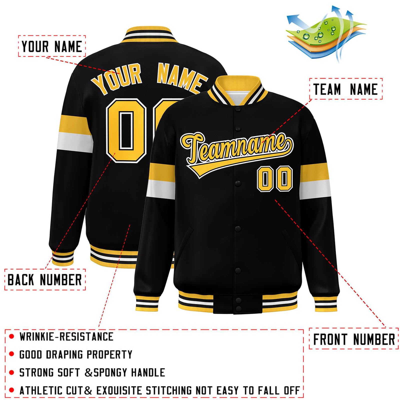 Custom Black Gold-White Color Block Bomber Varsity Full-Snap Baseball Jacket