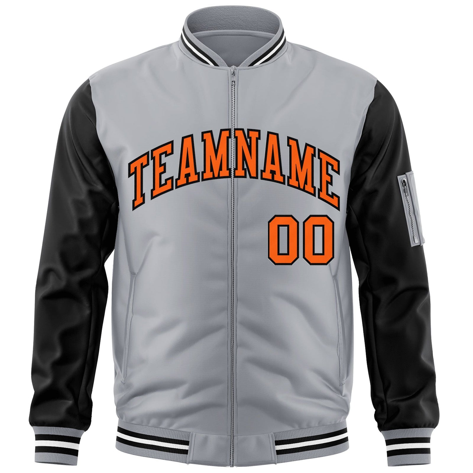 Custom Gray Black-Orange Varsity Full-Zip Raglan Sleeves Letterman Bomber Jacket