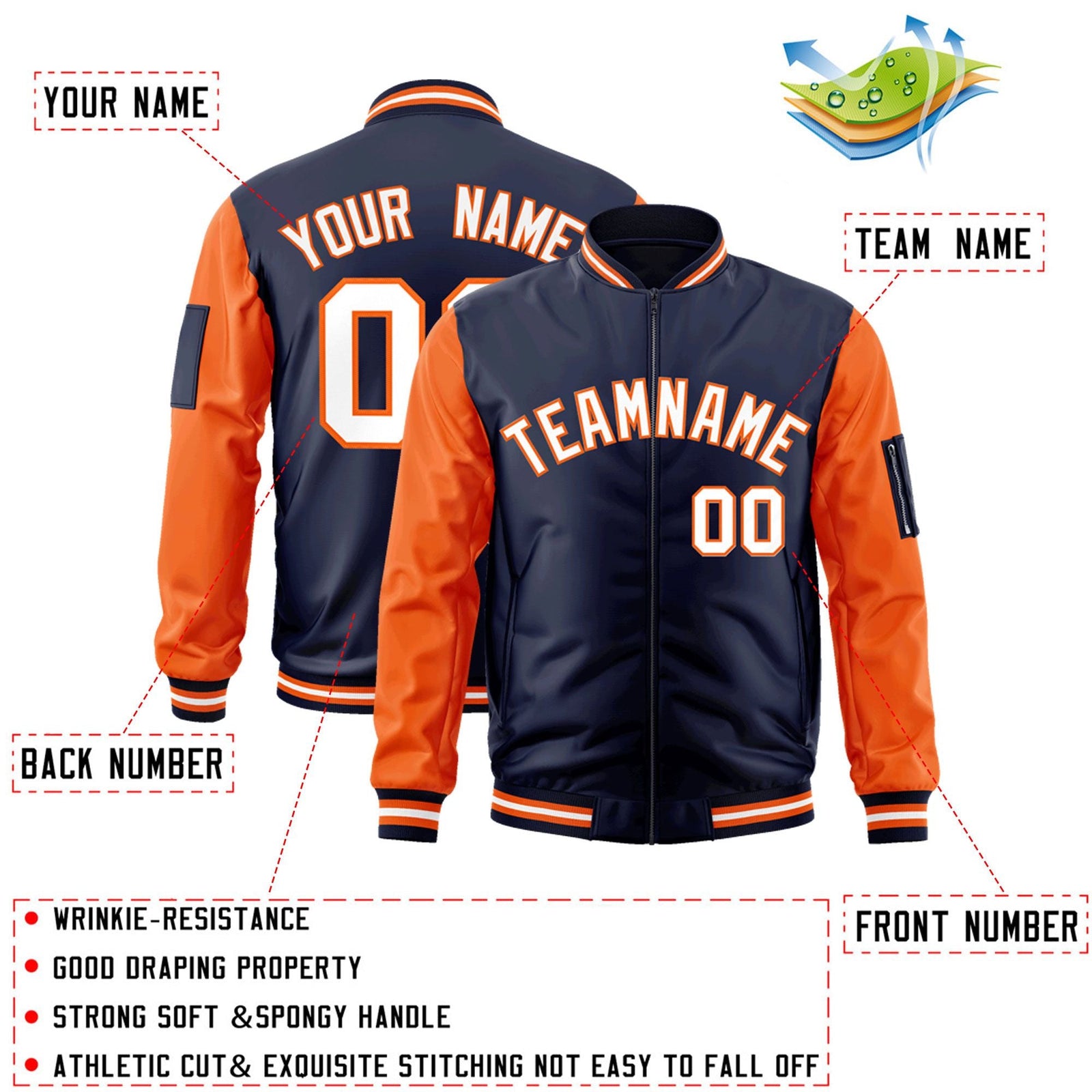 Custom Navy Orange-White Varsity Full-Zip Raglan Sleeves Letterman Bomber Jacket