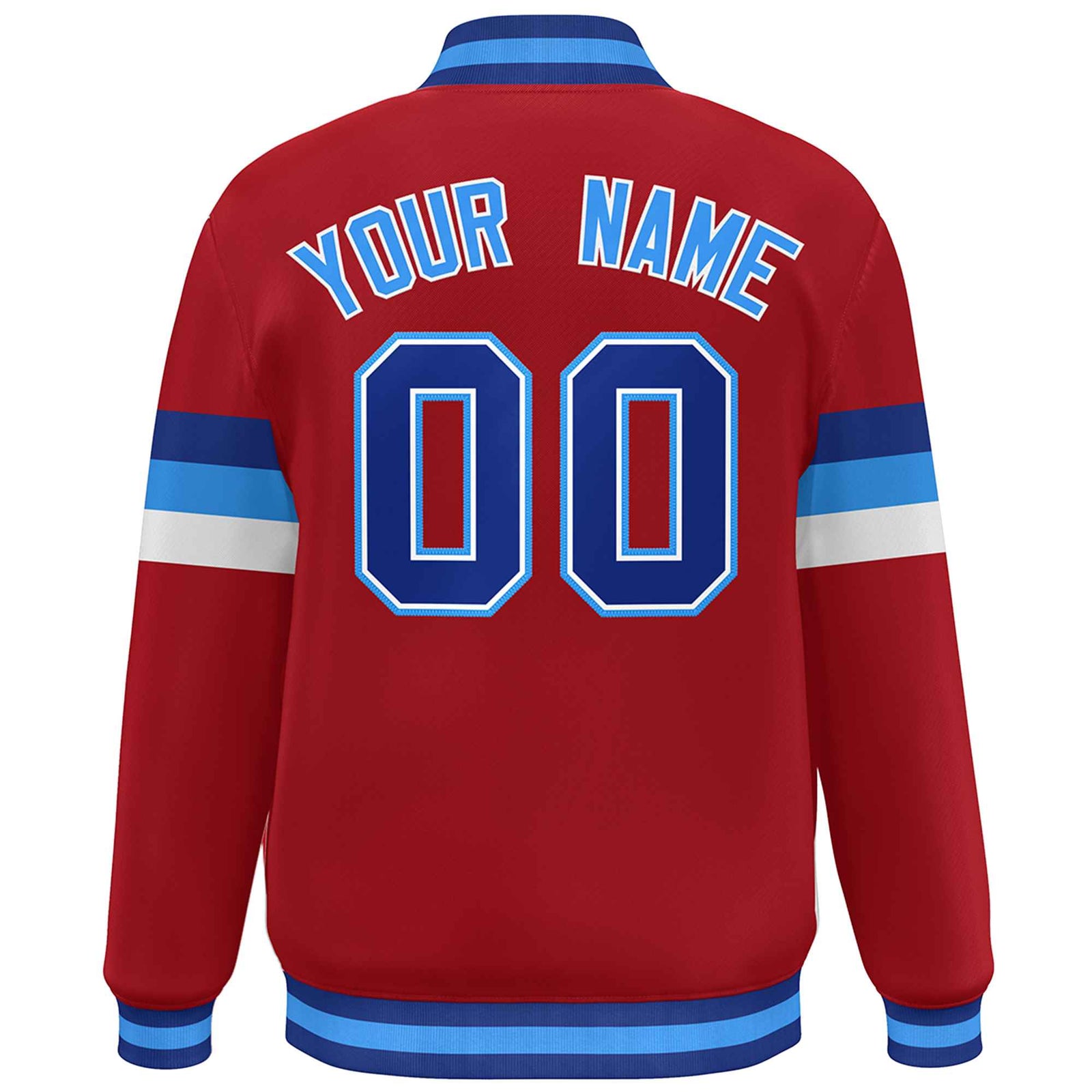Custom Red Royal-Powder Blue Color Block Bomber Varsity Full-Snap Baseball Jacket