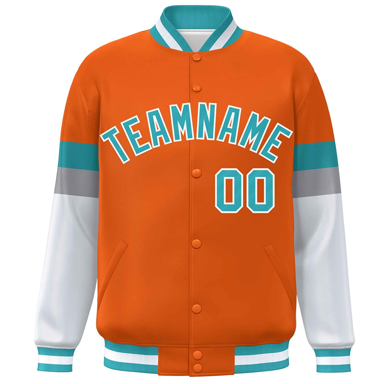 Custom Orange Aqua-White Color Block Bomber Varsity Full-Snap Baseball Jacket