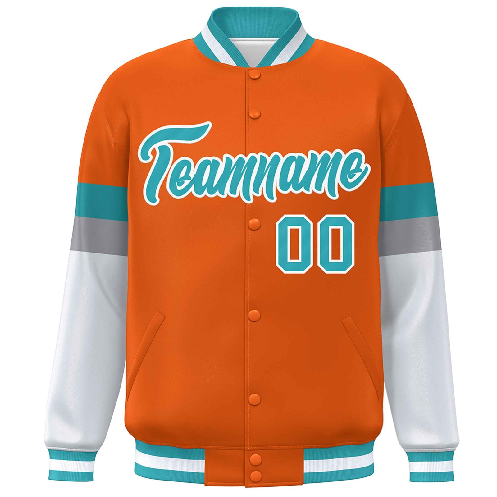 Custom Orange Aqua-White Color Block Bomber Varsity Full-Snap Baseball Jacket