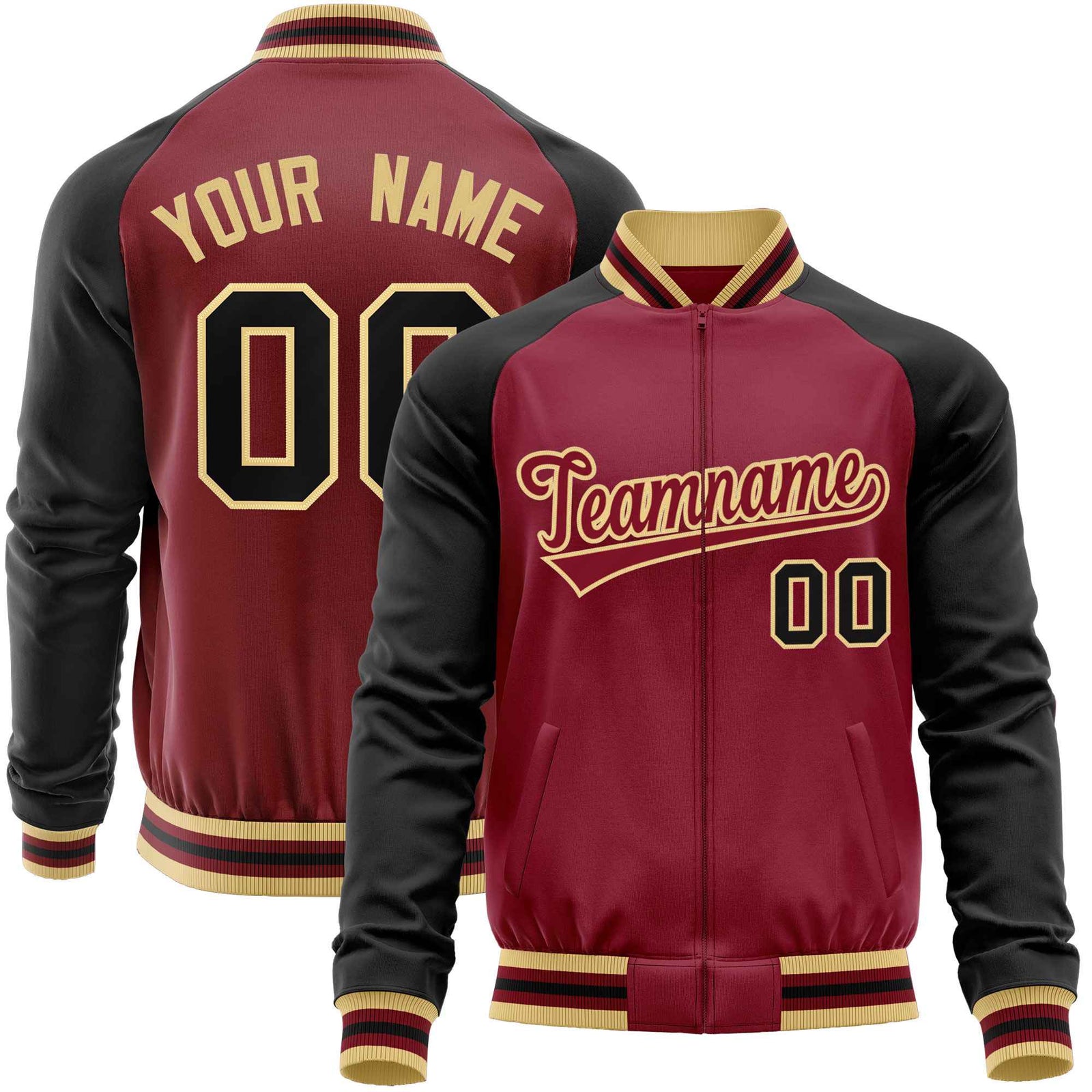 Custom Crimson Black Varsity Full-Zip Raglan Sleeves Letterman Baseball Jacket