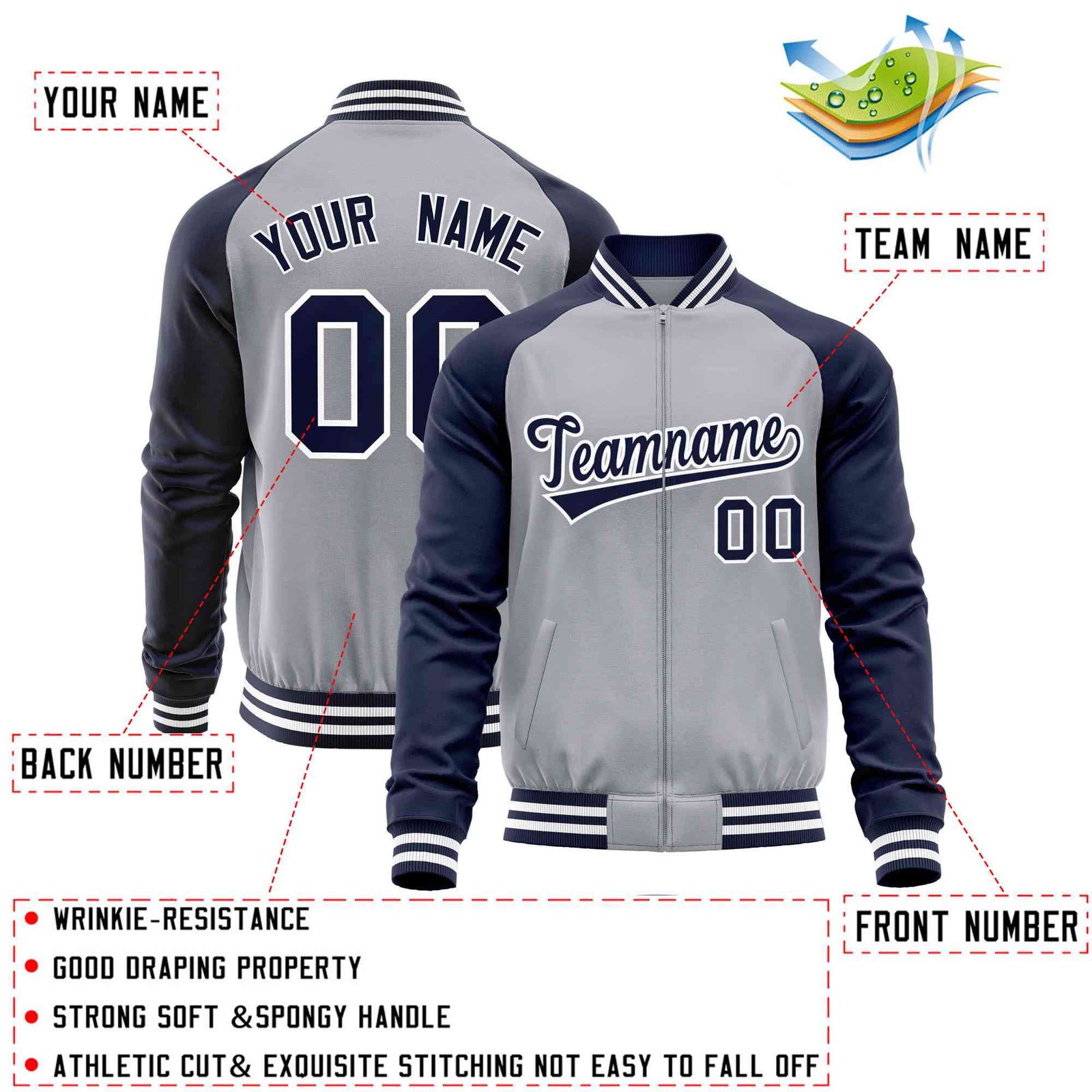 Custom Light Gray Navy Varsity Full-Zip Raglan Sleeves Letterman Baseball Jacket