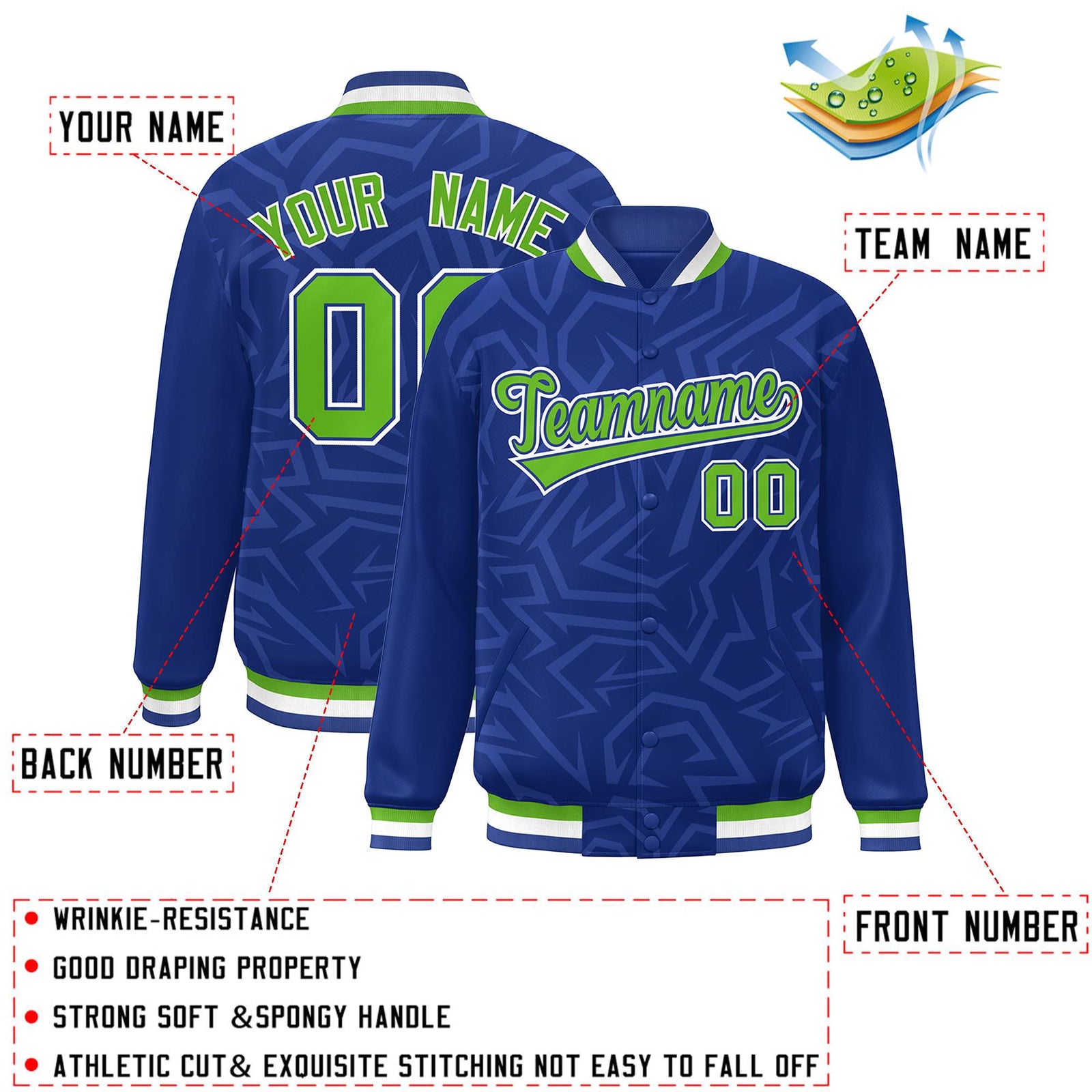 Custom Royal Green-White Stripe Graffiti Pattern Varsity Full-Snap Jacket