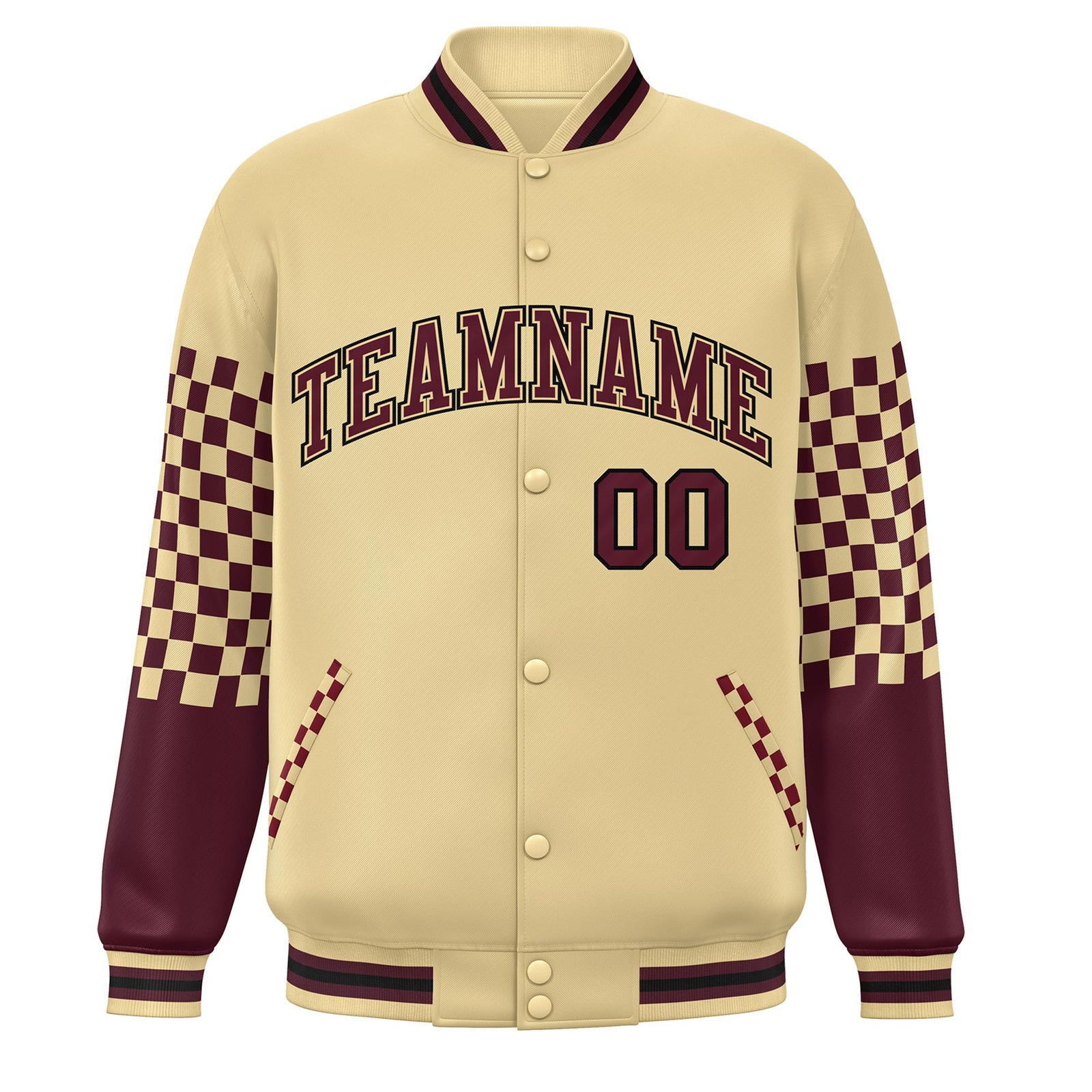 Custom Khaki Crimson-Black Checkered Pattern Color Block Bomber Varsity Jacket