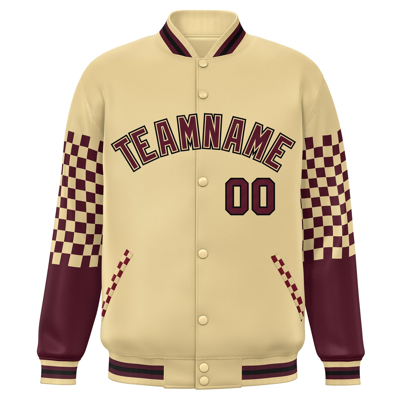 Custom Khaki Crimson-Black Checkered Pattern Color Block Bomber Varsity Jacket