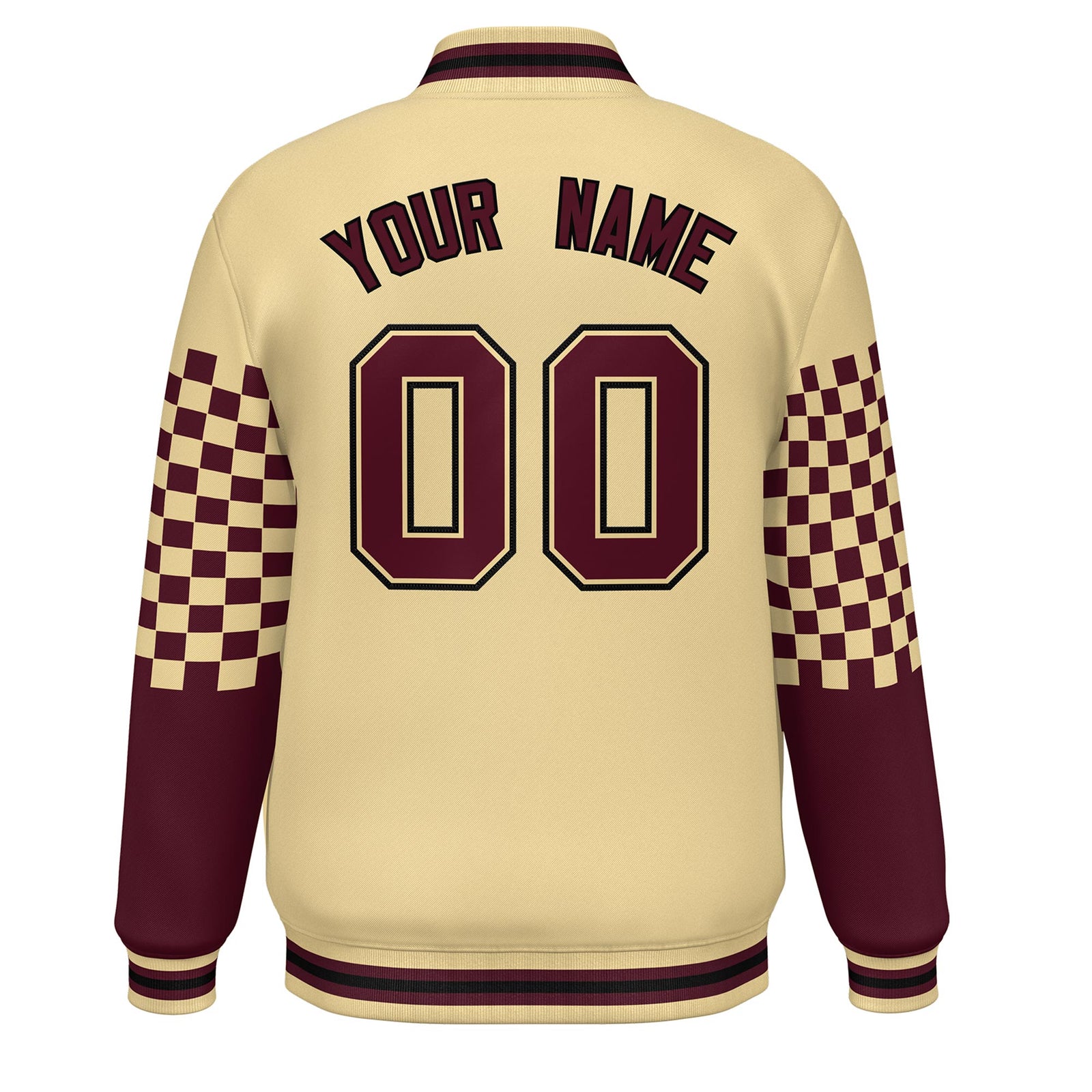 Custom Khaki Crimson-Black Checkered Pattern Color Block Bomber Varsity Jacket