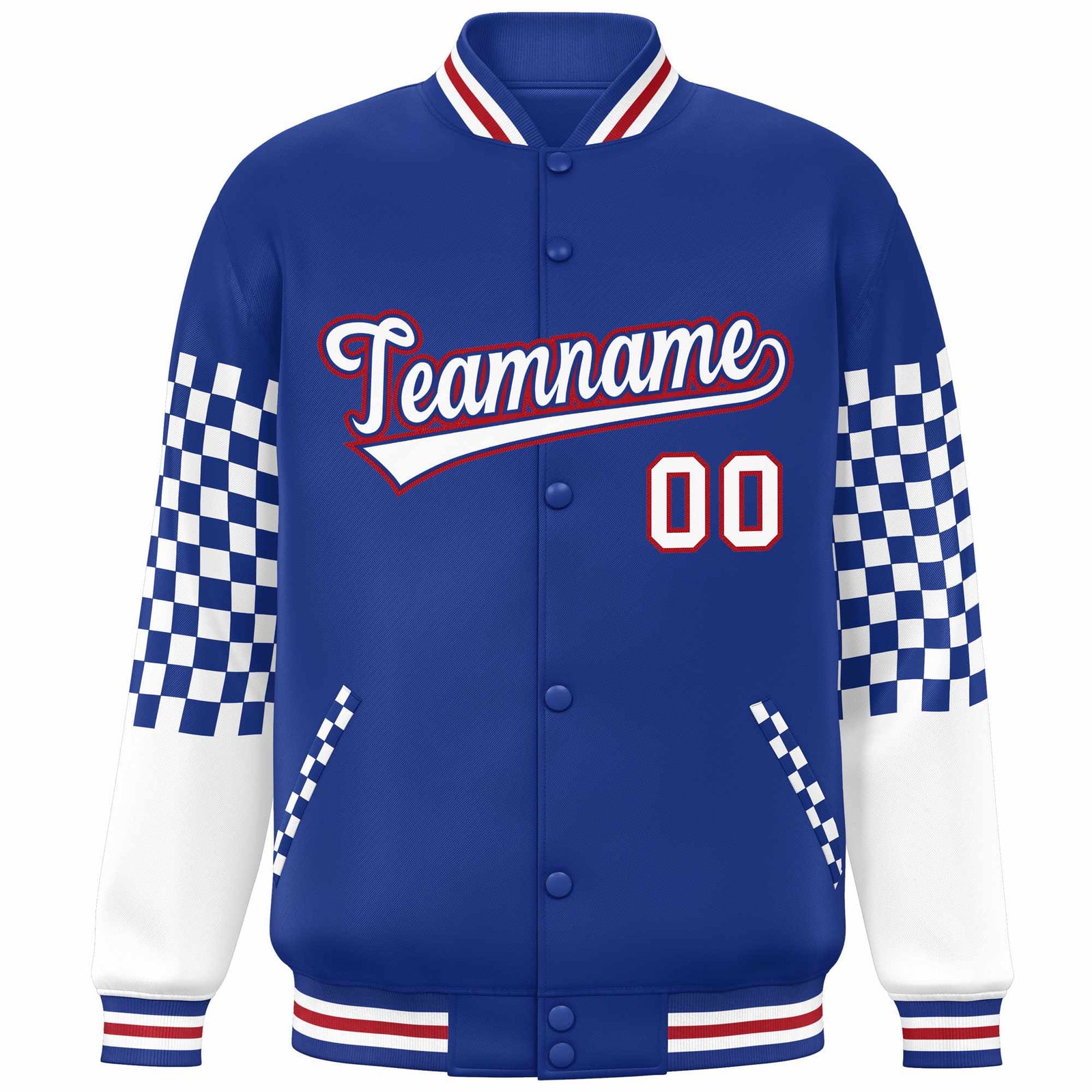 Custom Royal White-Red Checkered Pattern Color Block Bomber Varsity Jacket