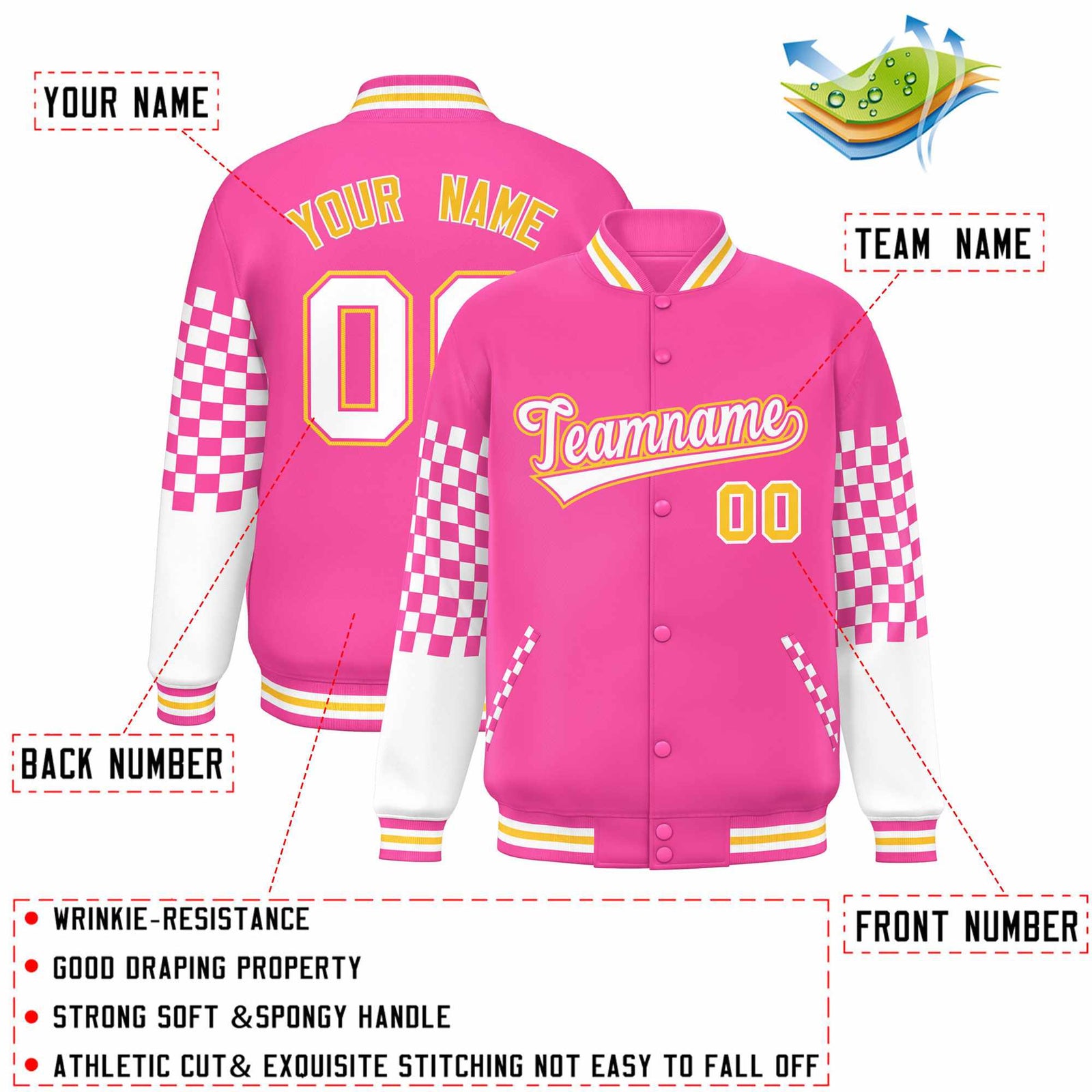 Custom Pink White-Gold Checkered Pattern Color Block Bomber Varsity Jacket