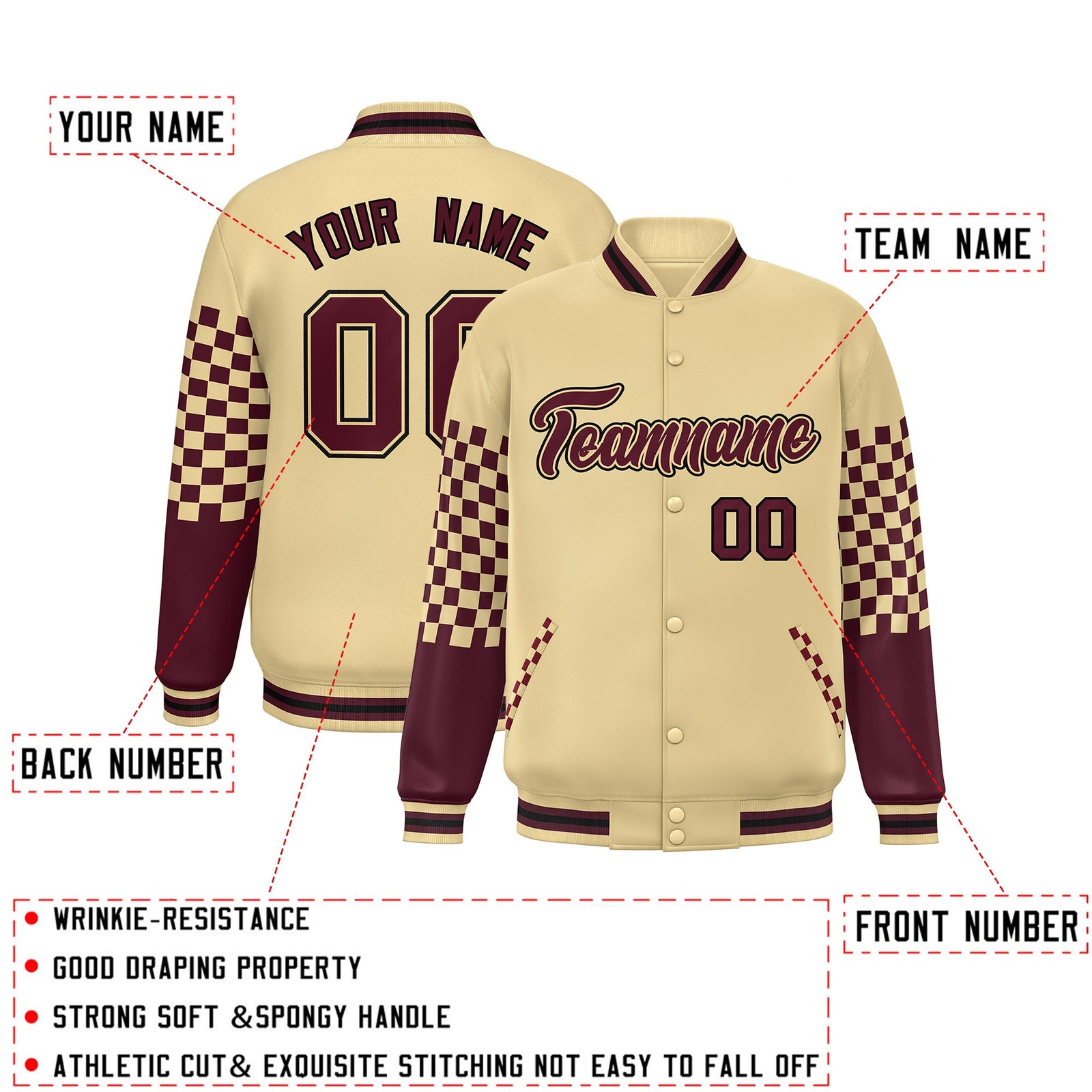 Custom Khaki Crimson-Black Checkered Pattern Color Block Bomber Varsity Jacket