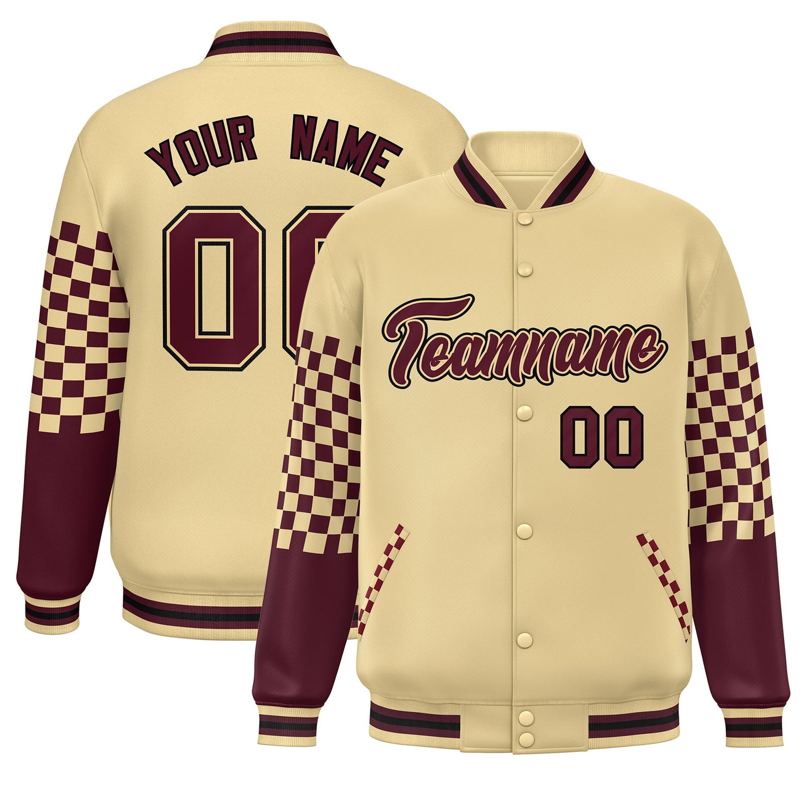 Custom Khaki Crimson-Black Checkered Pattern Color Block Bomber Varsity Jacket