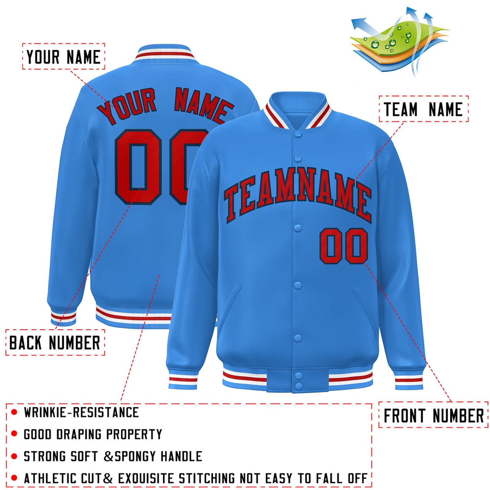 Custom Powder Blue Red-Navy Letterman Two Tone Classic Style Varsity Full-Snap Jacket