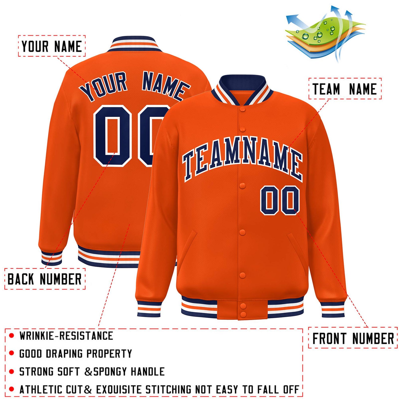 Custom Orange Navy-White Letterman Two Tone Classic Style Varsity Full-Snap Jacket