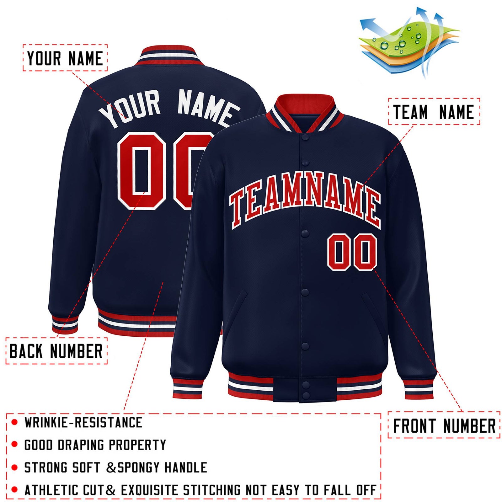 Custom Navy Blue Red-White Letterman Two Tone Classic Style Varsity Full-Snap Jacket
