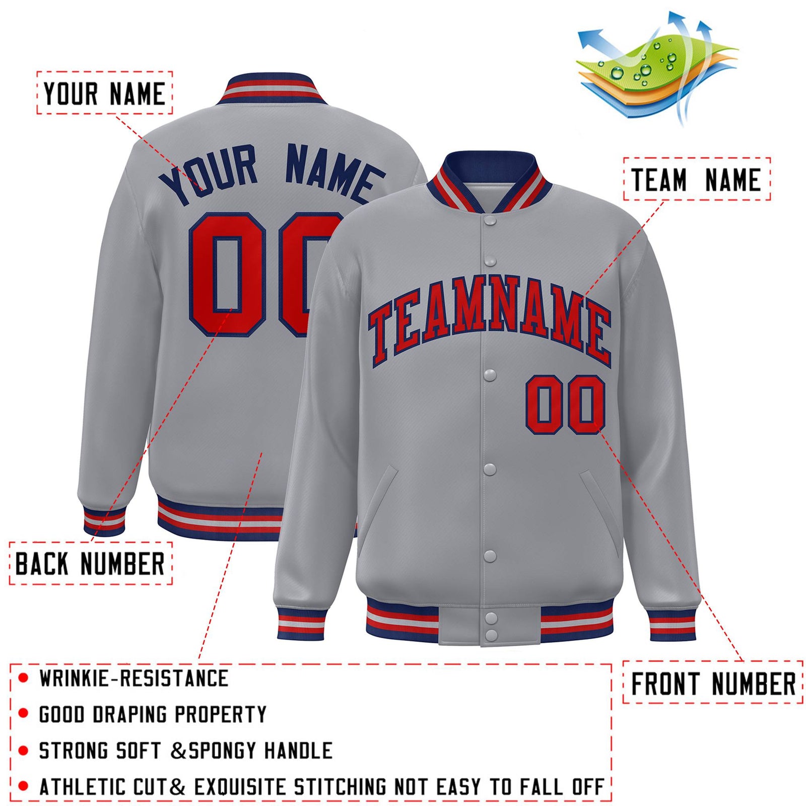 Custom Gray Red-Navy Letterman Two Tone Classic Style Varsity Full-Snap Jacket