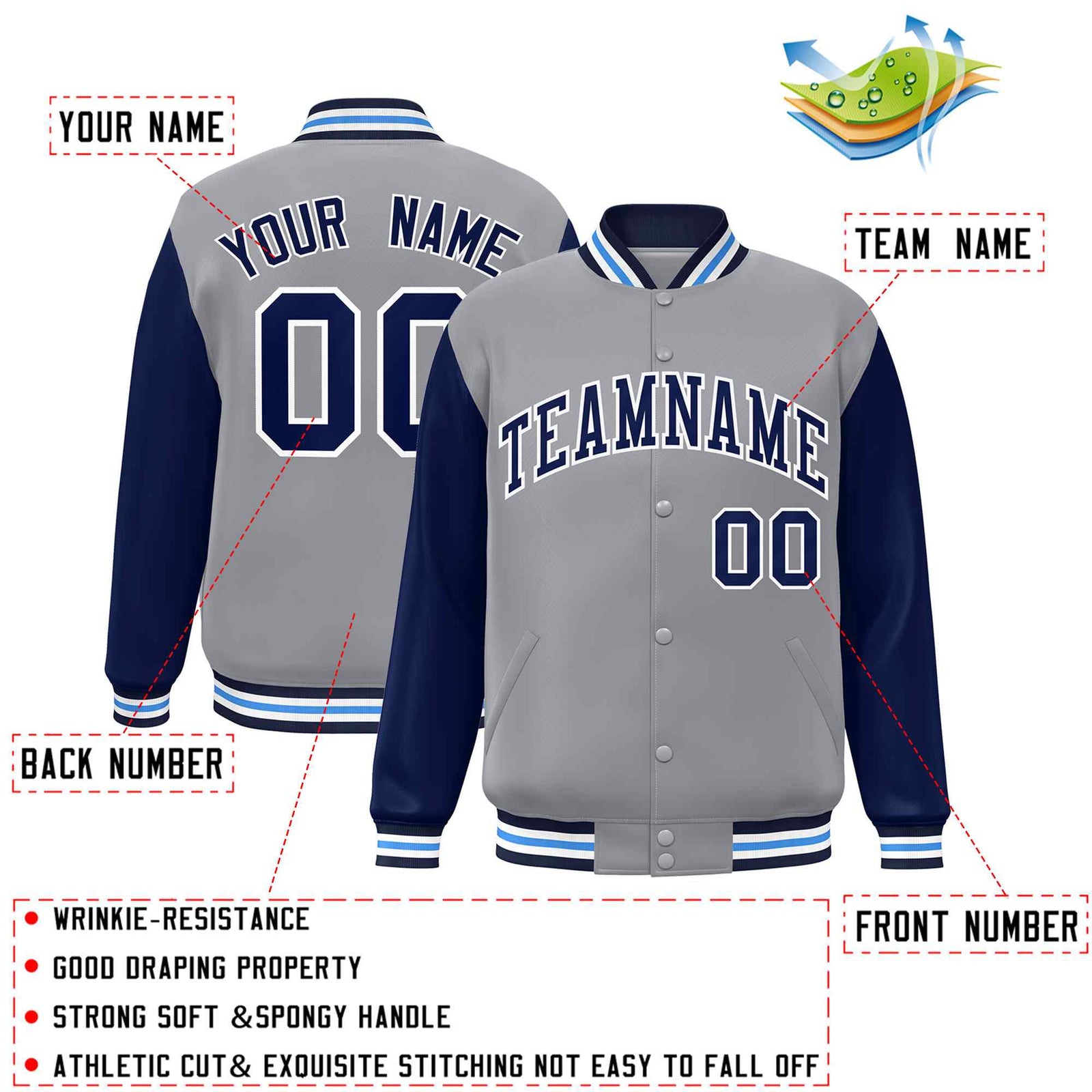 Custom Gray Navy-White Raglan Sleeves Varsity Full-Snap Letterman Jacket