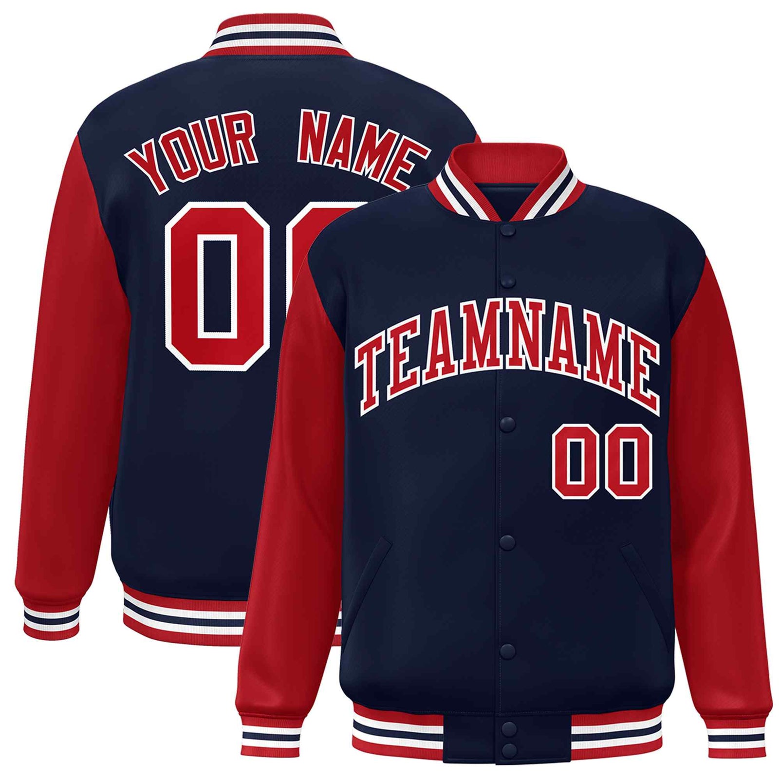 Custom Navy Red-White Raglan Sleeves Varsity Full-Snap Letterman Jacket