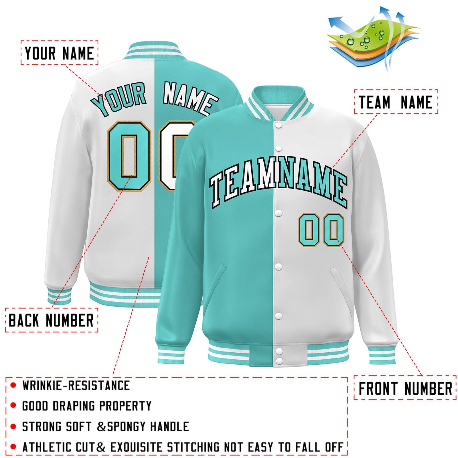 Custom White Aqua-Navy Letterman Two Tone Split Fashion Varsity Full-Snap Jacket