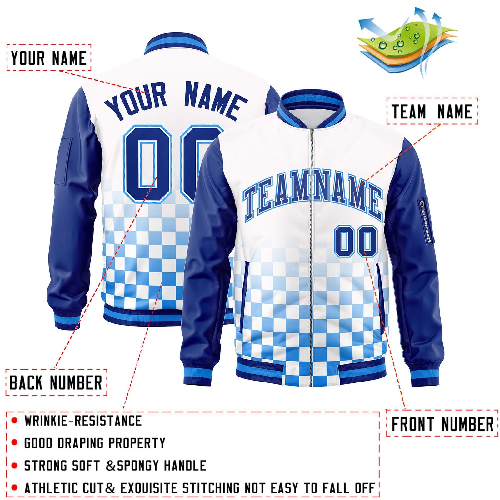 Custom White Royal-Powder Blue Grid Varsity Full-Zip Color Block Letterman Raglan Sleeve Jacket