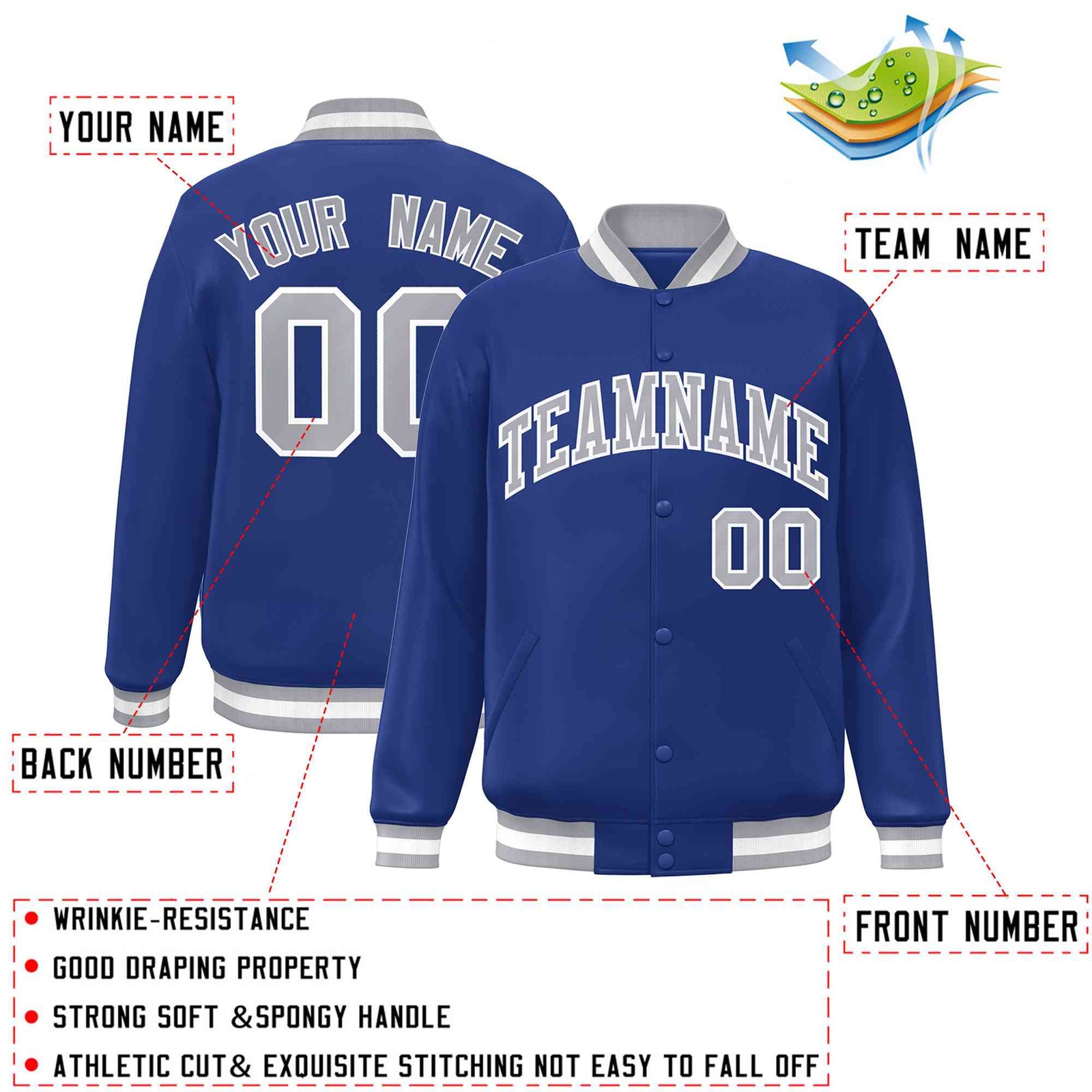 Custom Royal Gray-White Classic Style Varsity Full-Snap Letterman Jacket