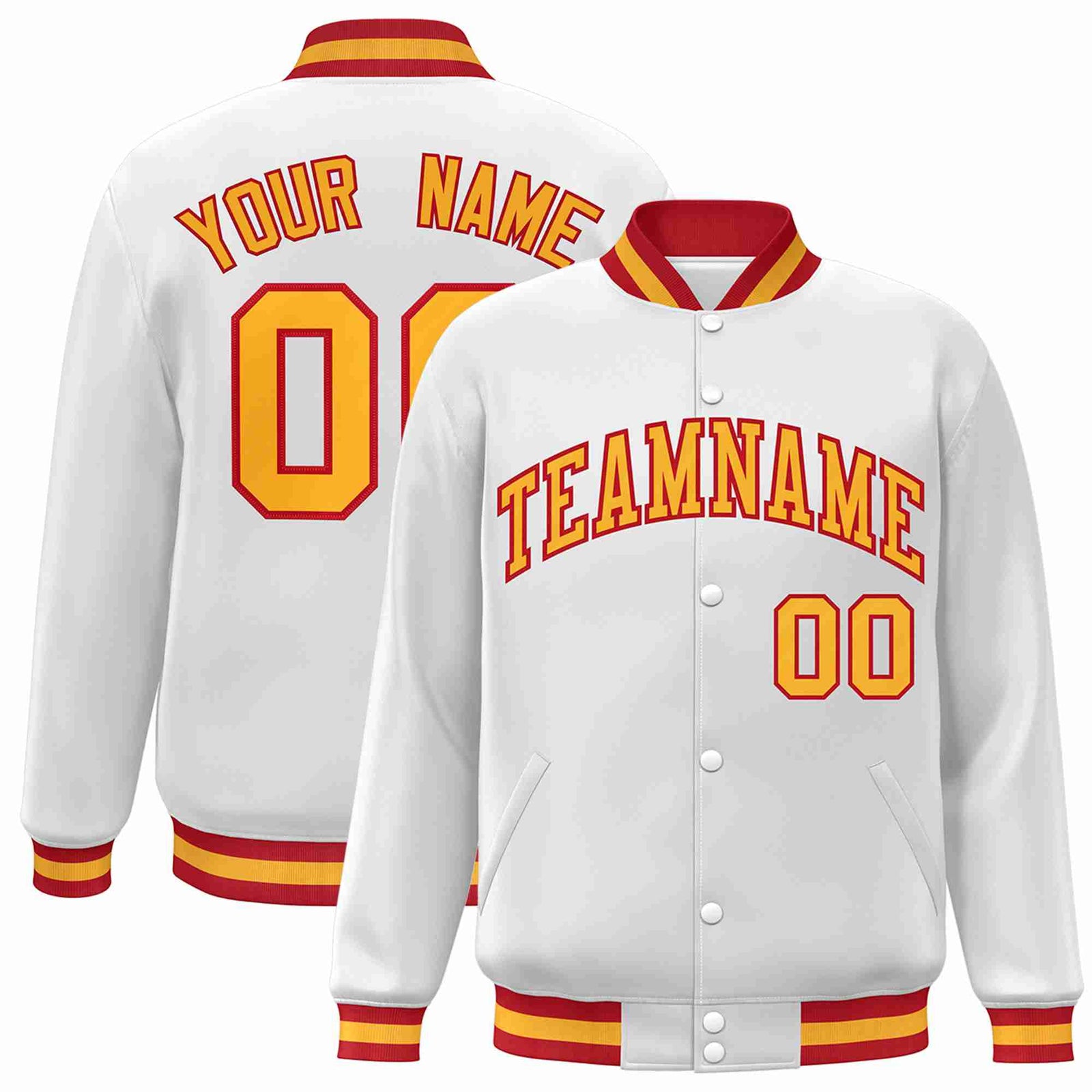 Custom White Gold-Red Classic Style Varsity Full-Snap Letterman Jacket