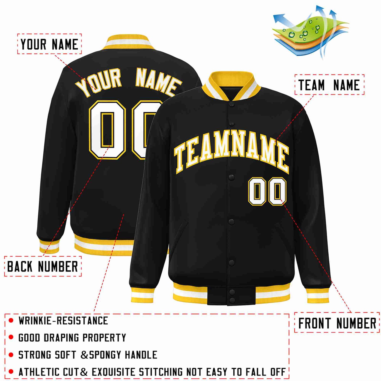 Custom Black White-Gold Classic Style Varsity Full-Snap Letterman Jacket