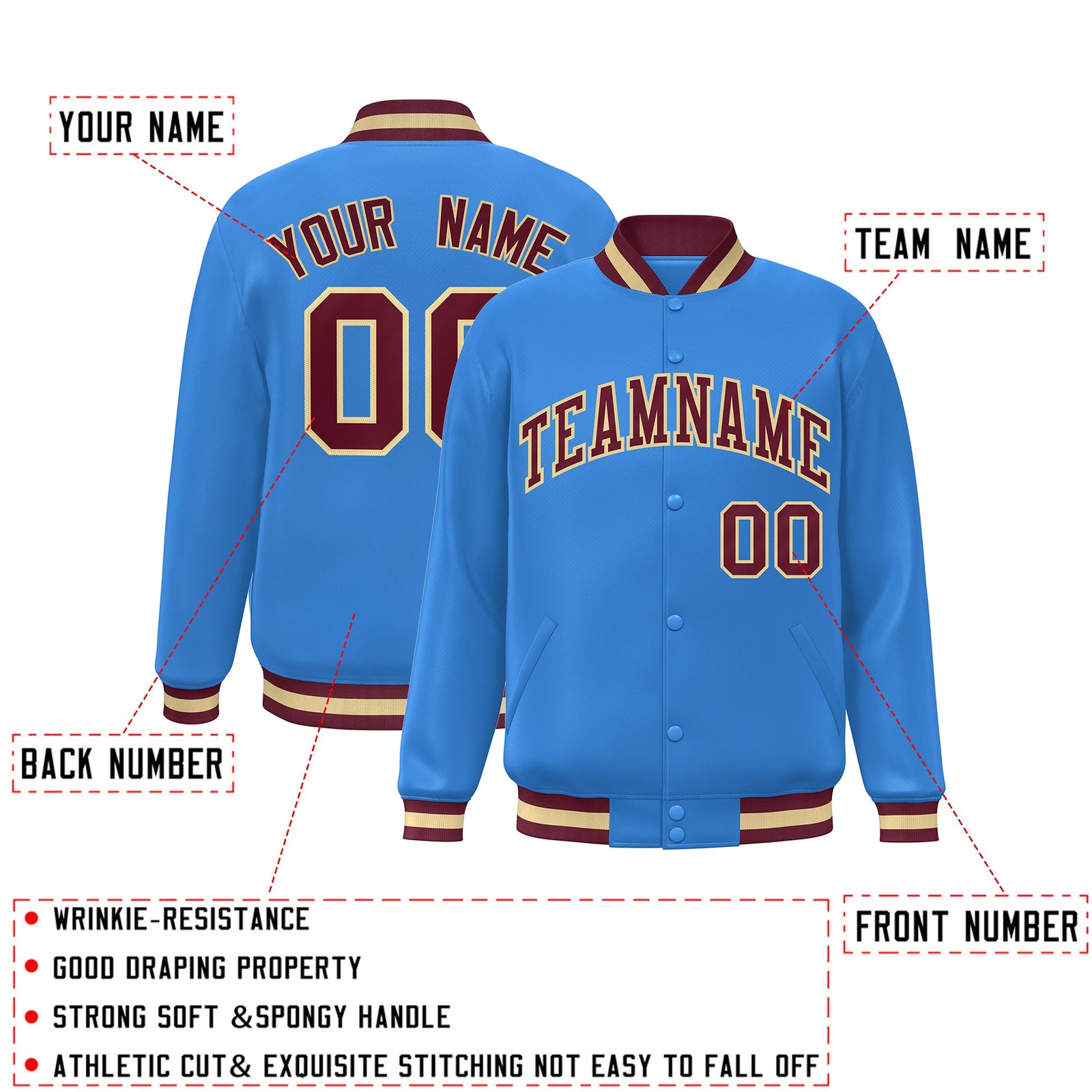 Custom Powder Blue Crimson-Khaki Classic Style Varsity Full-Snap Letterman Jacket