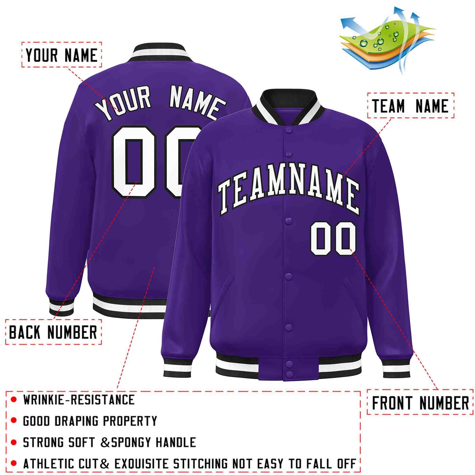 Custom Purple White-Black Classic Style Varsity Full-Snap Letterman Jacket
