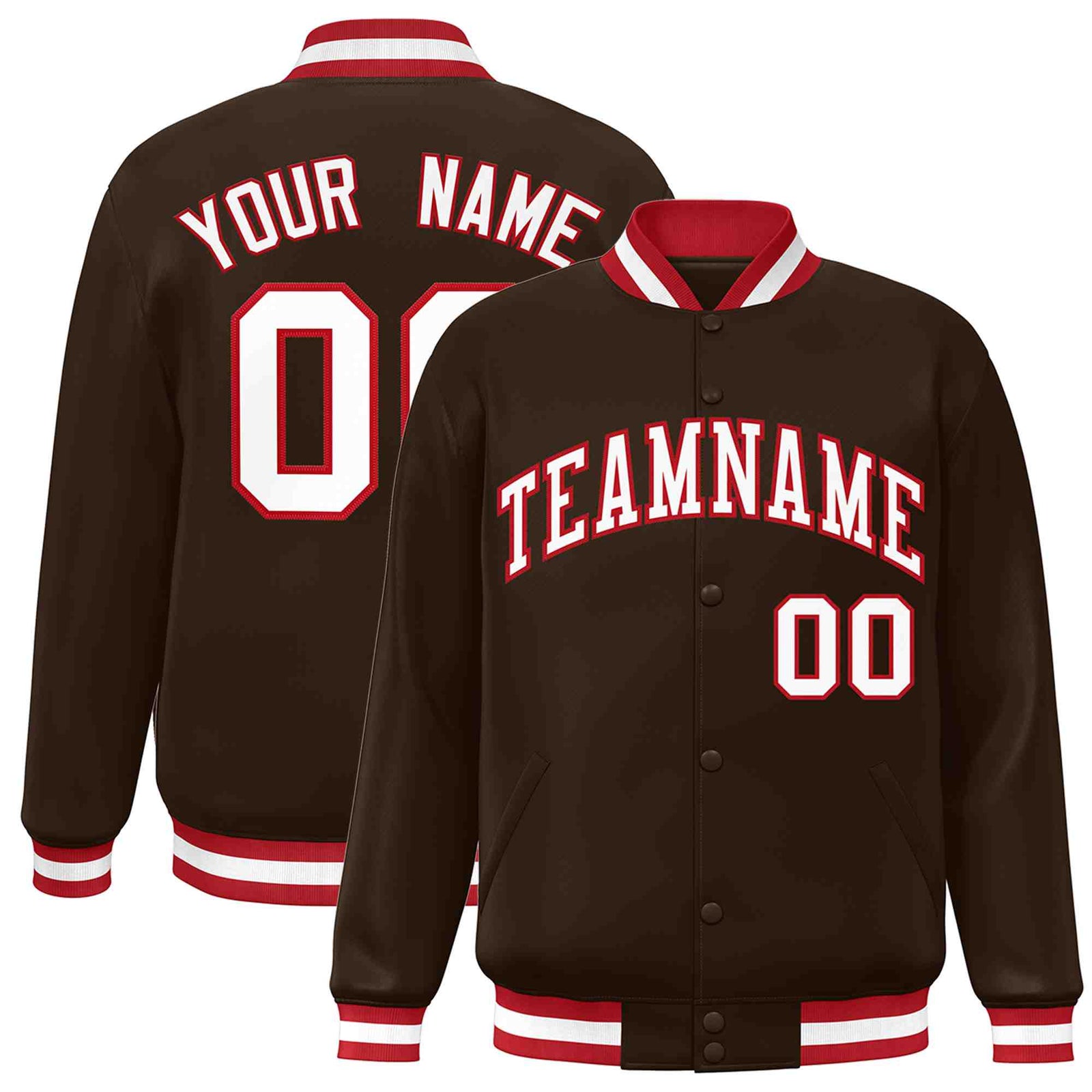 Custom Brown White-Red Classic Style Varsity Full-Snap Letterman Jacket