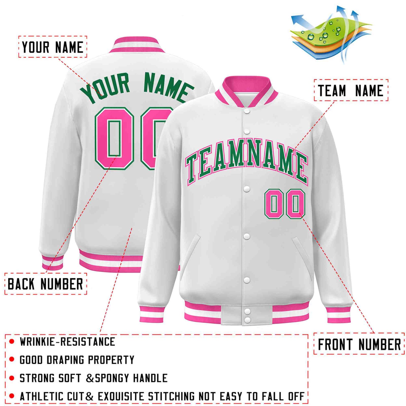 Custom White Green-White Classic Style Varsity Full-Snap Letterman Jacket