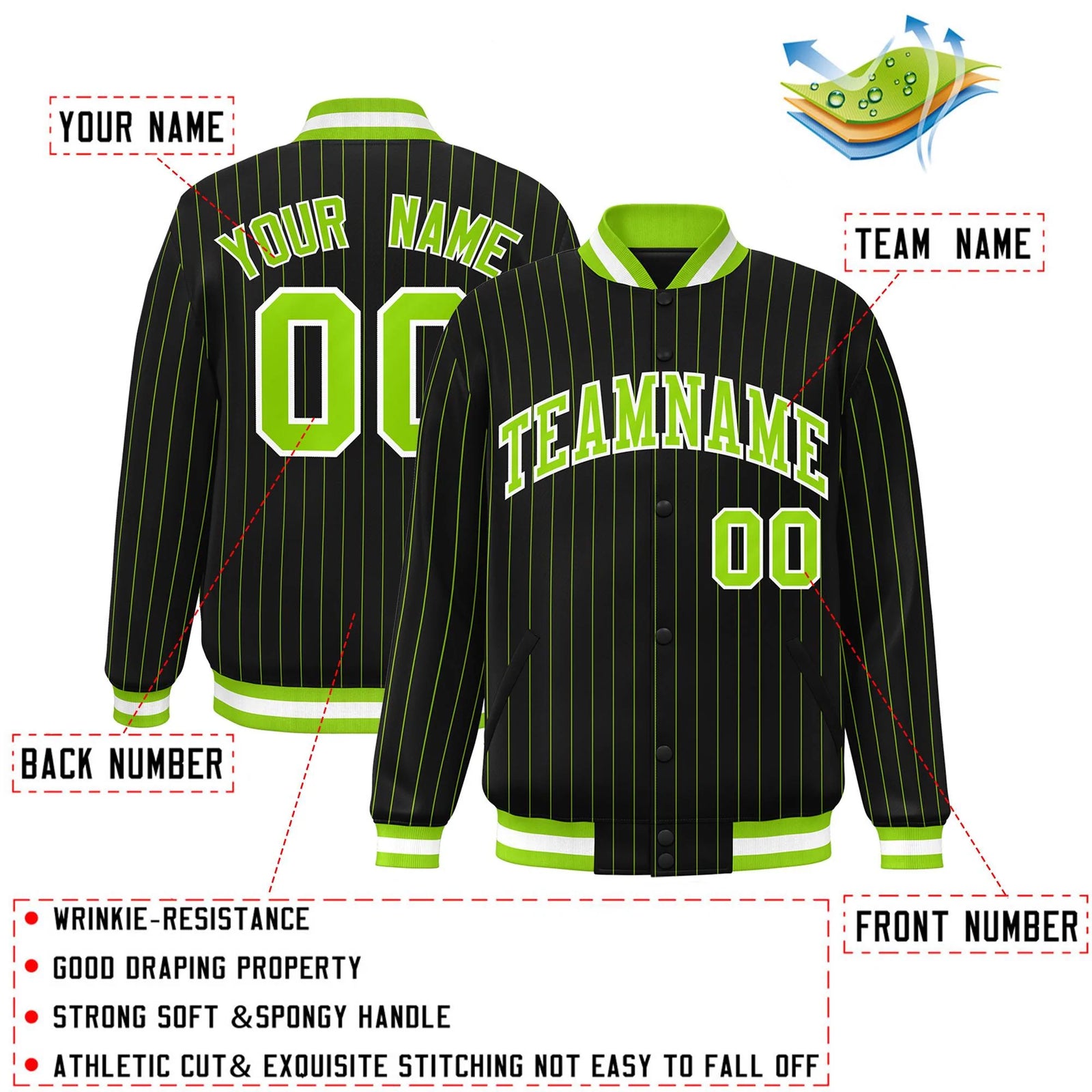 Custom Black Neon Green-White Stripe Fashion Letterman Bomber Varsity Jacket