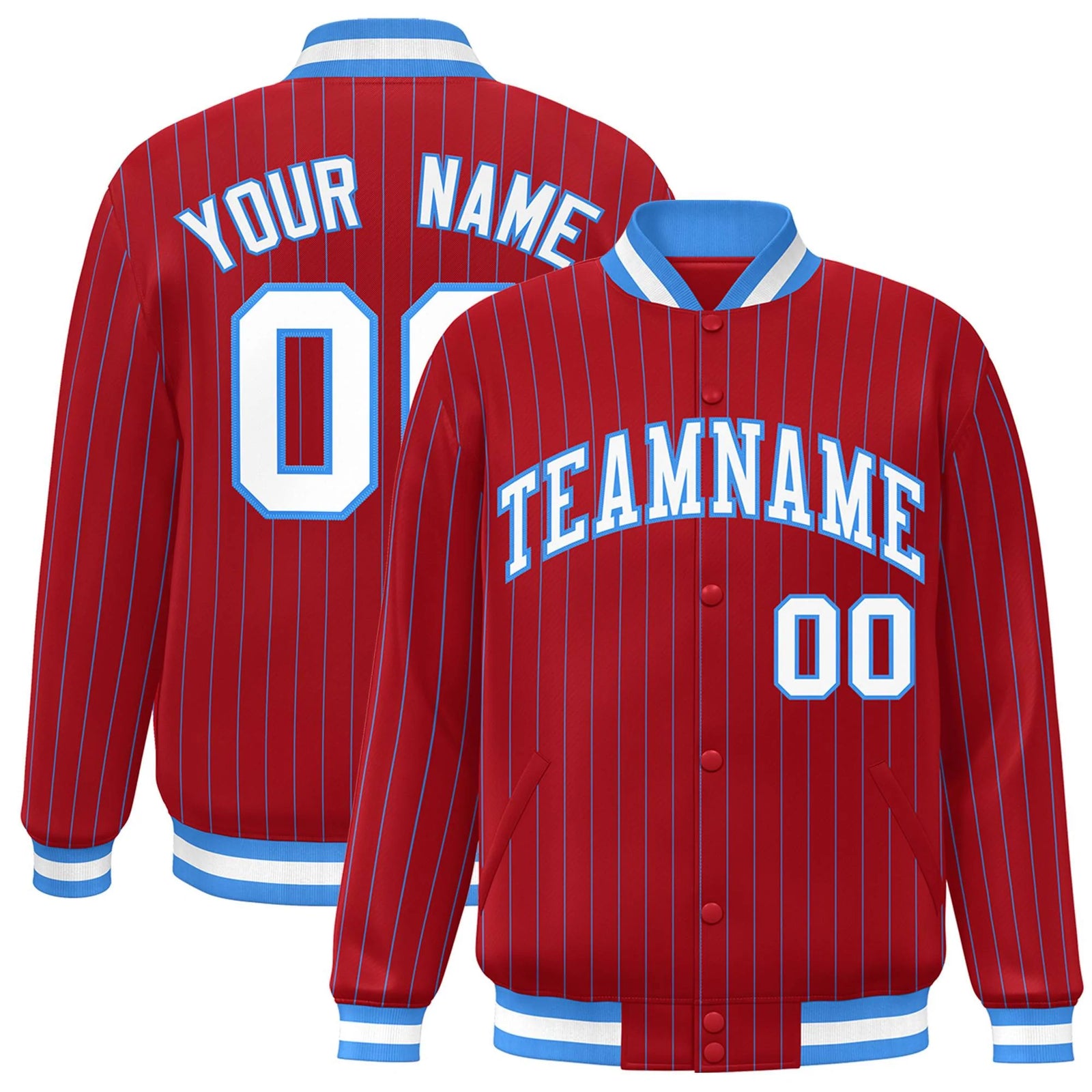 Custom Red White-Powder Blue Stripe Fashion Letterman Bomber Varsity Jacket