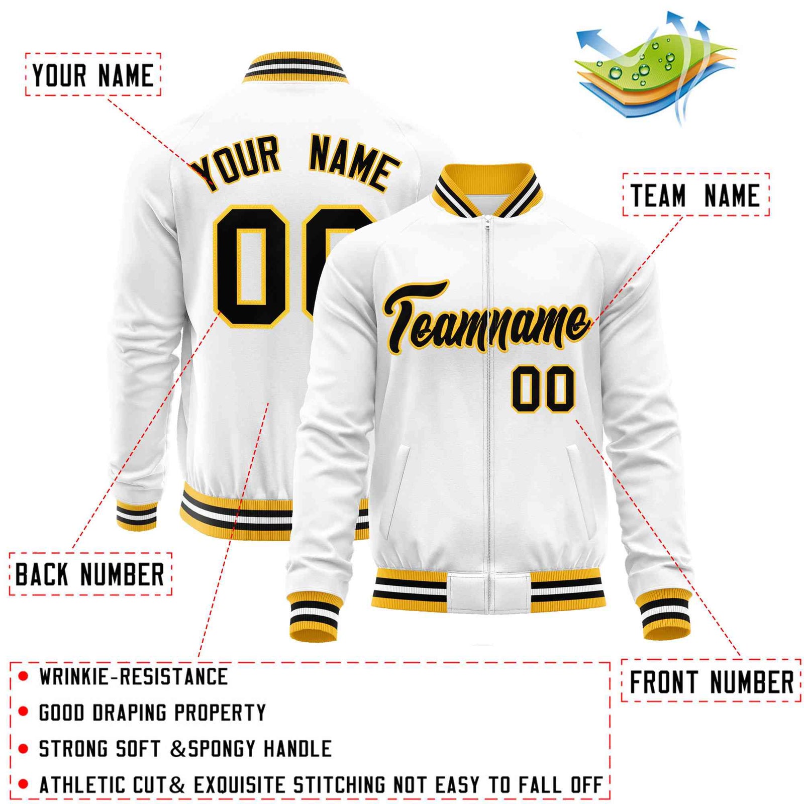 Custom White Black Classic Style Varsity Full-Zip Letterman Baseball Jacket