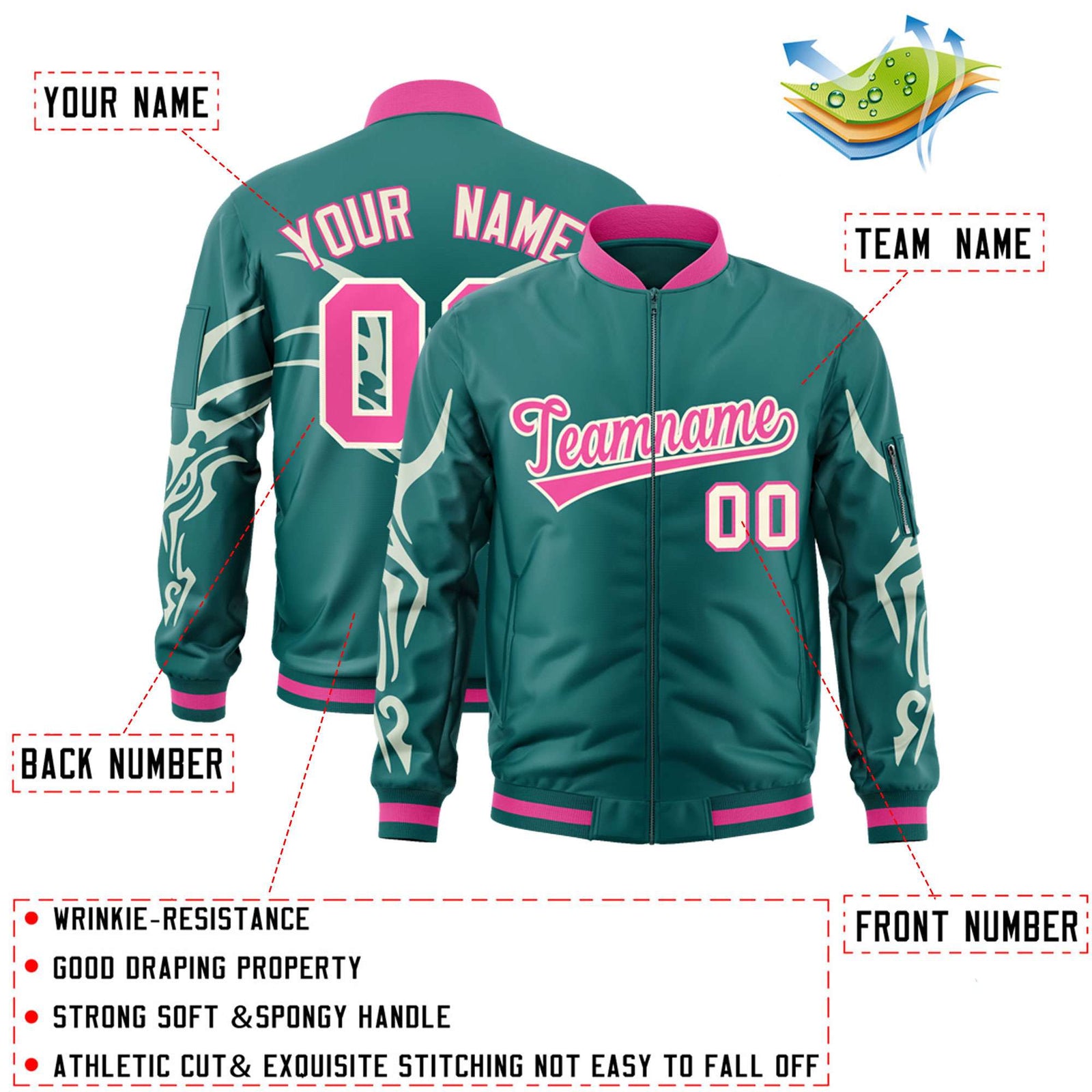 Custom Aqua Cream Varsity Full-Zip Dragon Head Graffiti Pattern Letterman Bomber Jacket