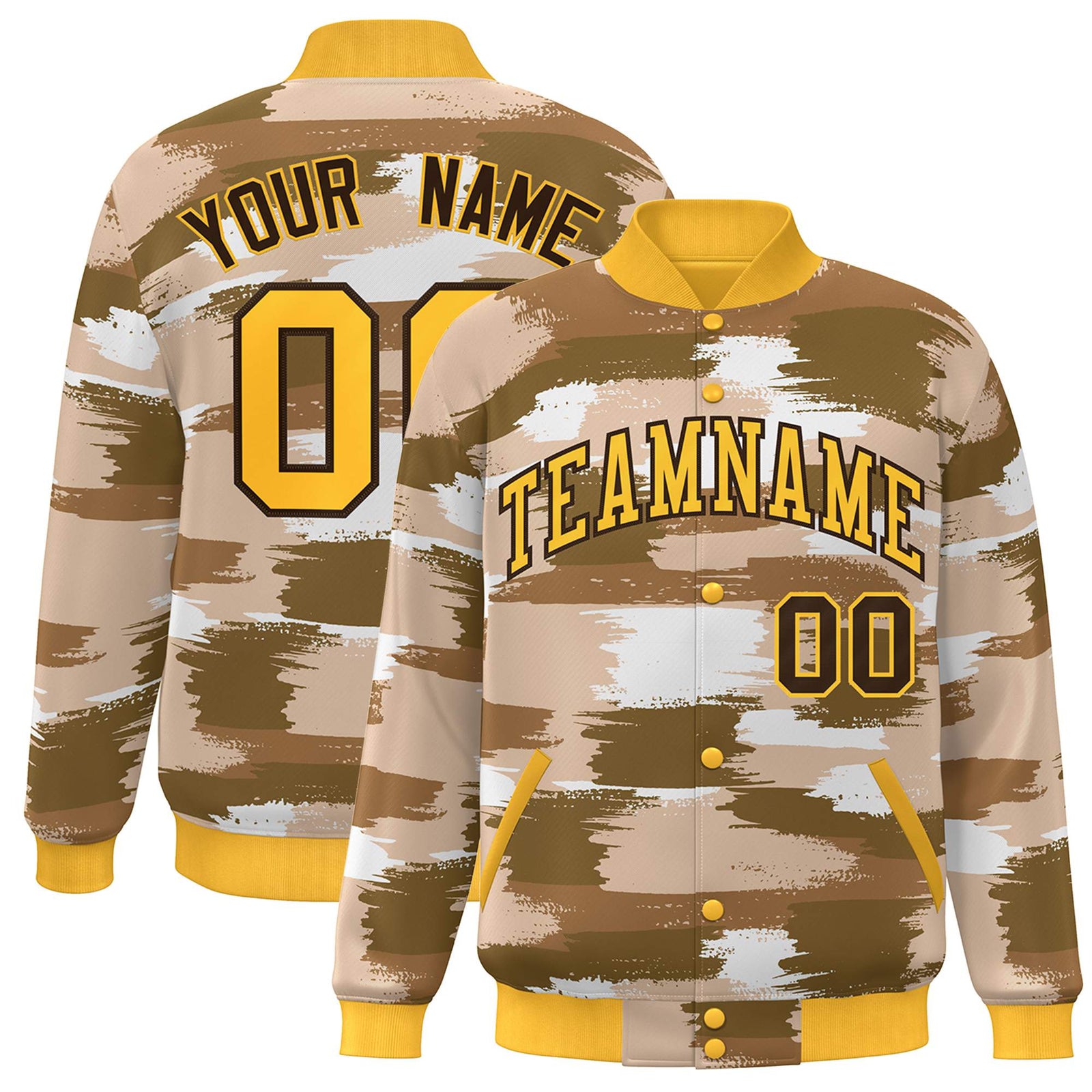 Custom Yellow Brown Camo Varsity Full-Snap Letterman Bomber Jacket