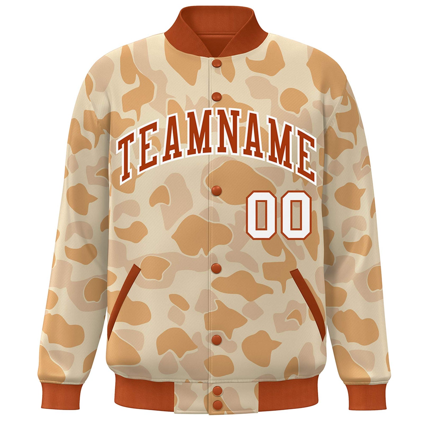Custom Orange White Camo Varsity Full-Snap Letterman Bomber Jacket