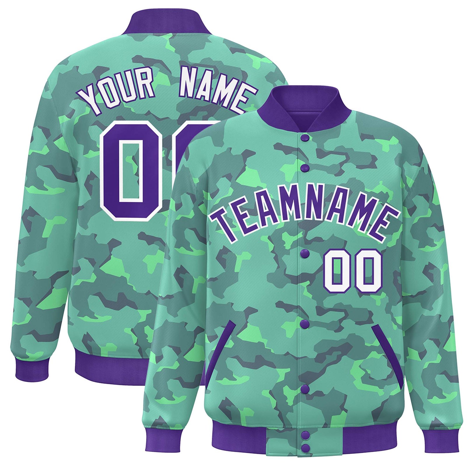 Custom Purple White Camo Varsity Full-Snap Letterman Bomber Jacket