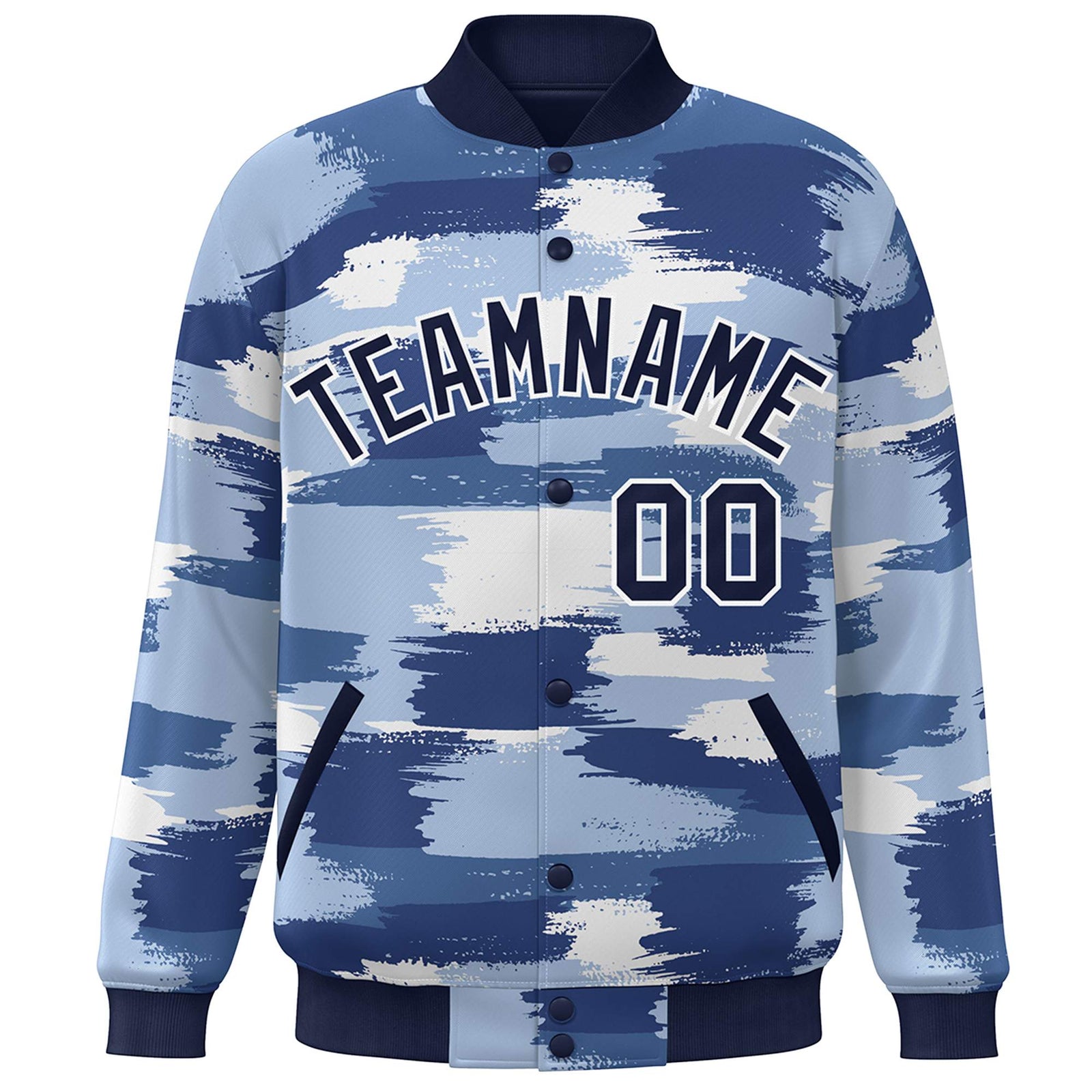 Custom Navy White Camo Varsity Full-Snap Letterman Bomber Jacket