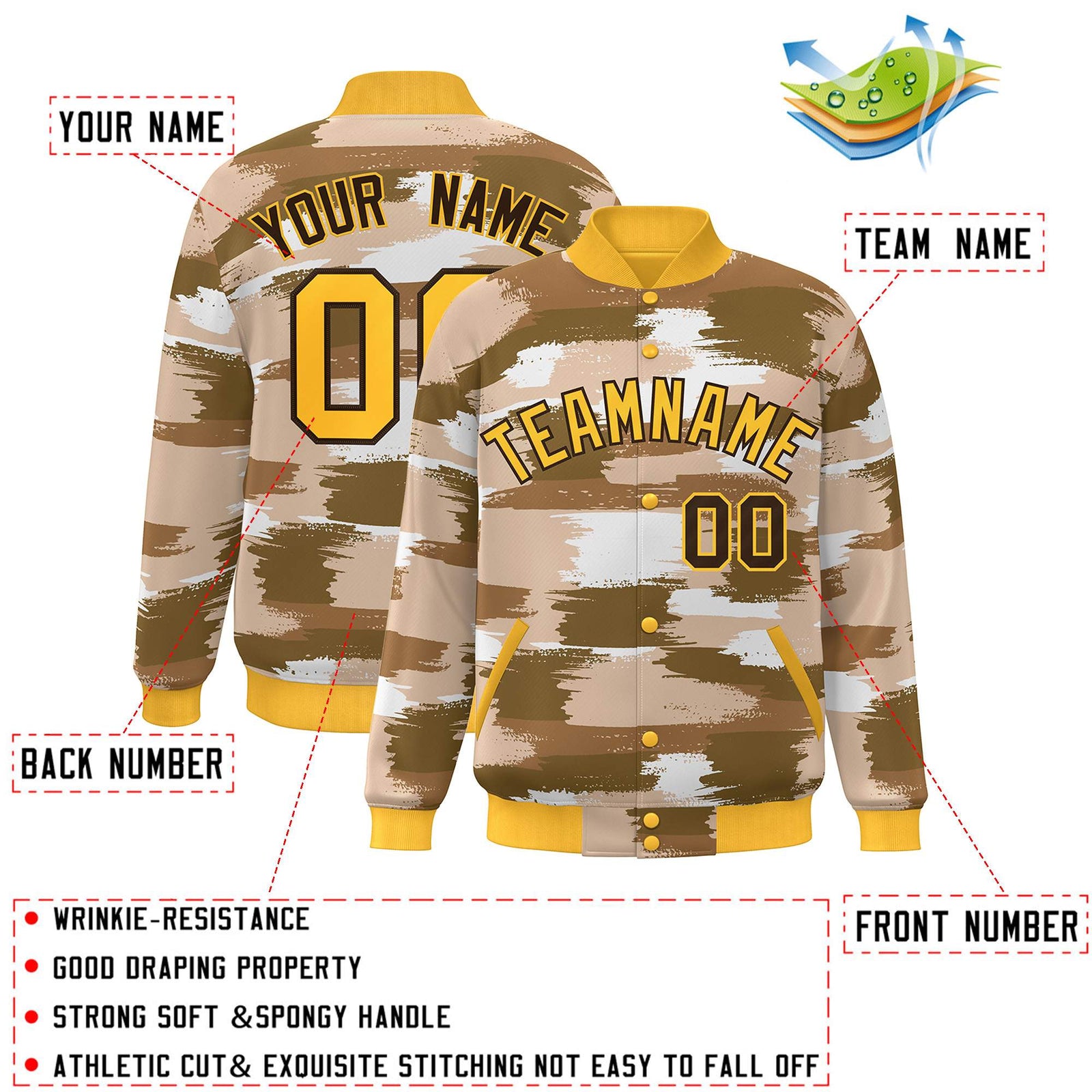 Custom Yellow Brown Camo Varsity Full-Snap Letterman Bomber Jacket