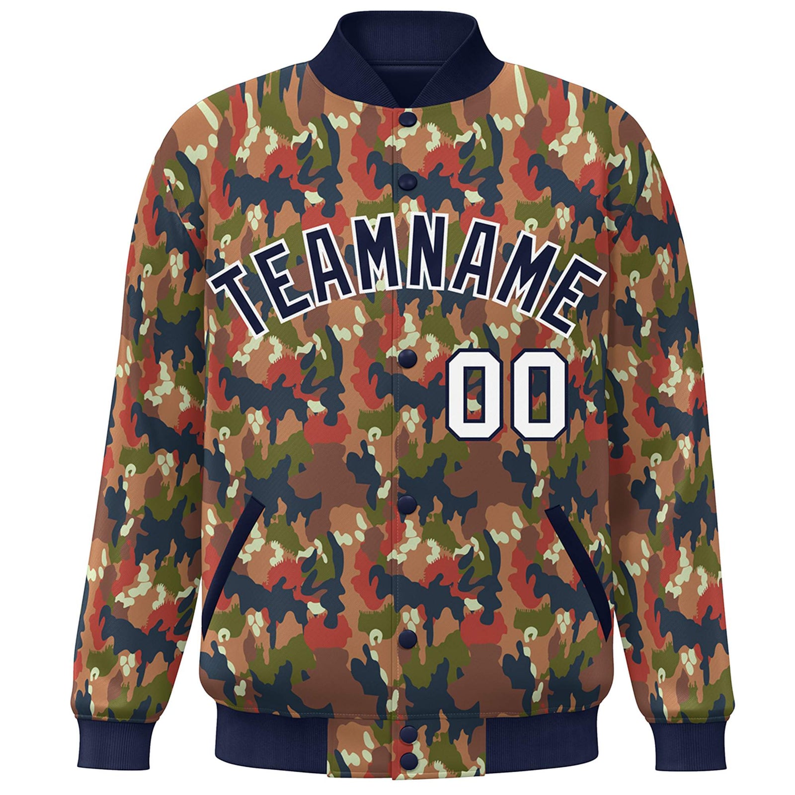 Custom Navy White Camo Varsity Full-Snap Letterman Bomber Jacket